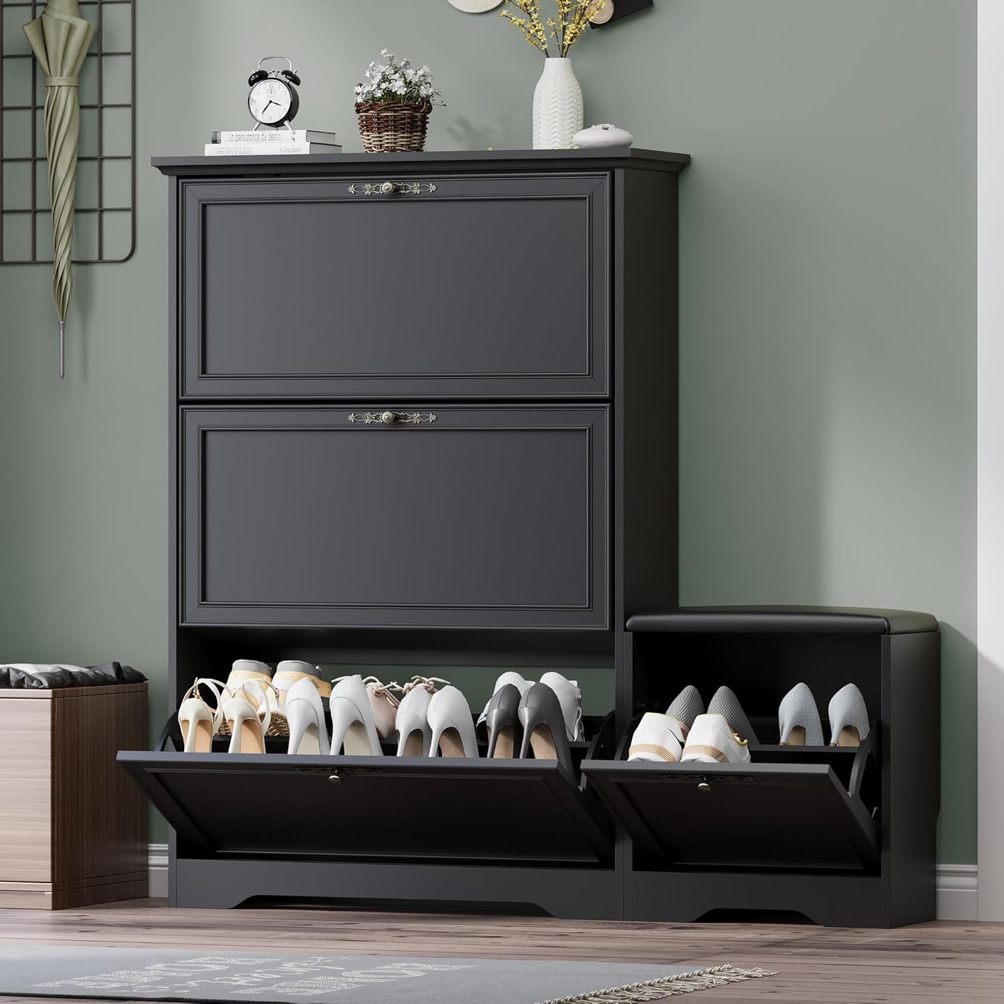 Entryway Shoe Cabinet with Bench, Hidden Storage and Adjustable Shelves, Wooden Shoe Rack and Organizer for Hallway, Mudroom, Closet, Small Apartment