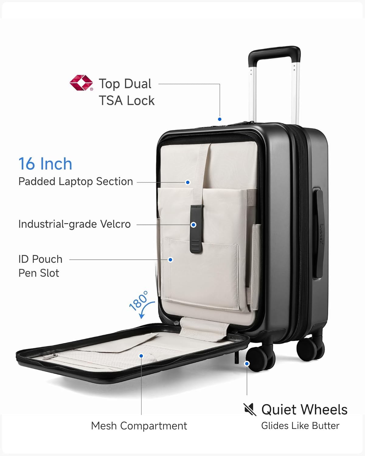 Carry On Luggage 22x14x9 Airline Approved, FLO5 Expandable Polycarbonate Suitcase with Front Pocket (FX-Core, Black, 20 Inch)