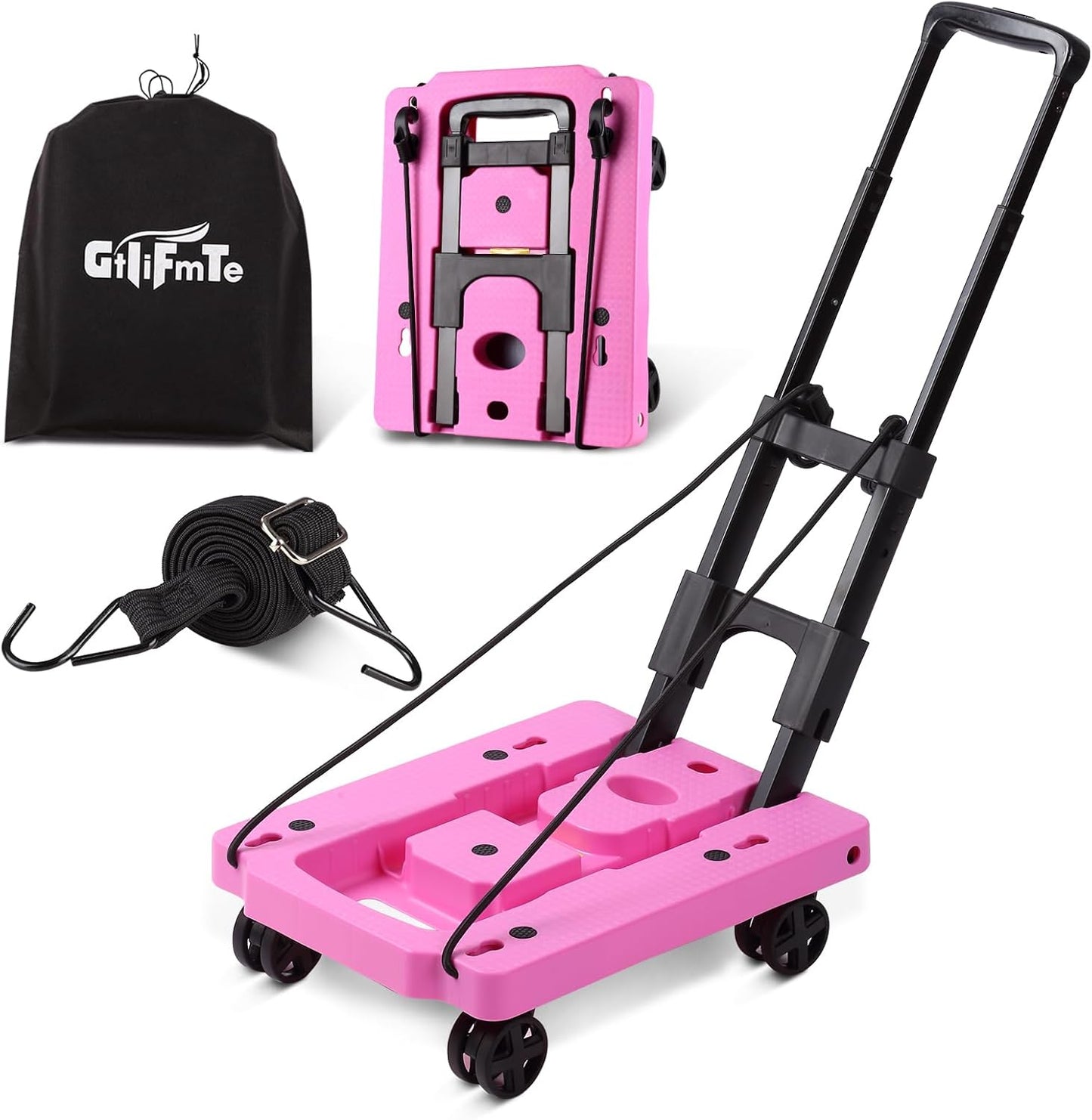 Folding Hand Truck Lightweight Hand Truck Dolly Foldable,Luggage cart with 4 Rotate Wheels, Utility Cart with Adjustable Handle,Collapsible Dolly for Moving -Pink