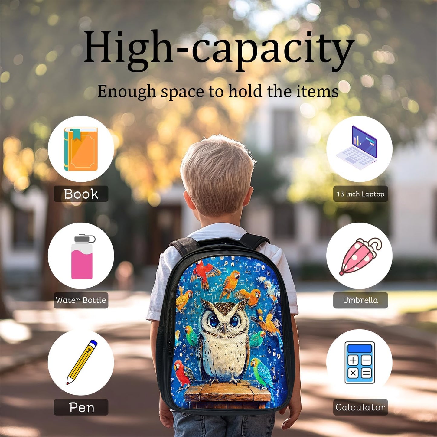 Owl Backpack School Bag 3PCS Backpack 16 Inch with Lunch Bag Set Lightweight for Teen Boys Girls Kids Elementary Middle School