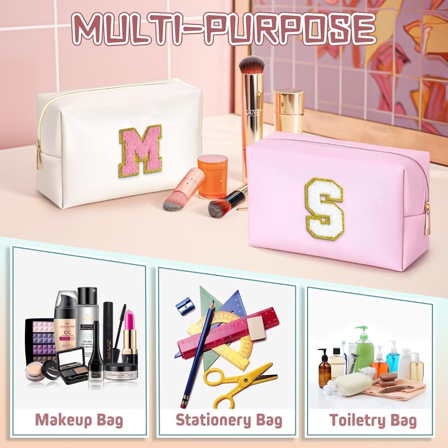 TOPEAST Personalized Birthday Gifts for Women, Preppy Patch Makeup Bag, Chenille Letter Pouch