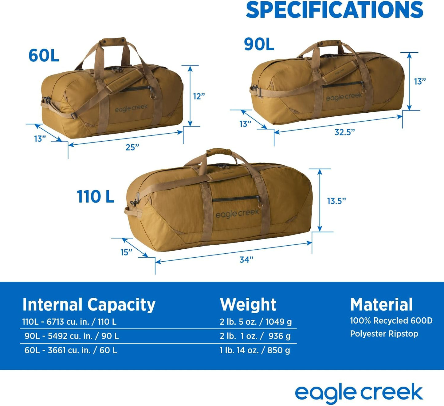 Eagle Creek No Matter What Duffel Bag - Eco Friendly Duffel for Sustainable Travel - Adjustable Shoulder Strap - Multiple Carry Options - Easy to Store - Safari Brown - 90L