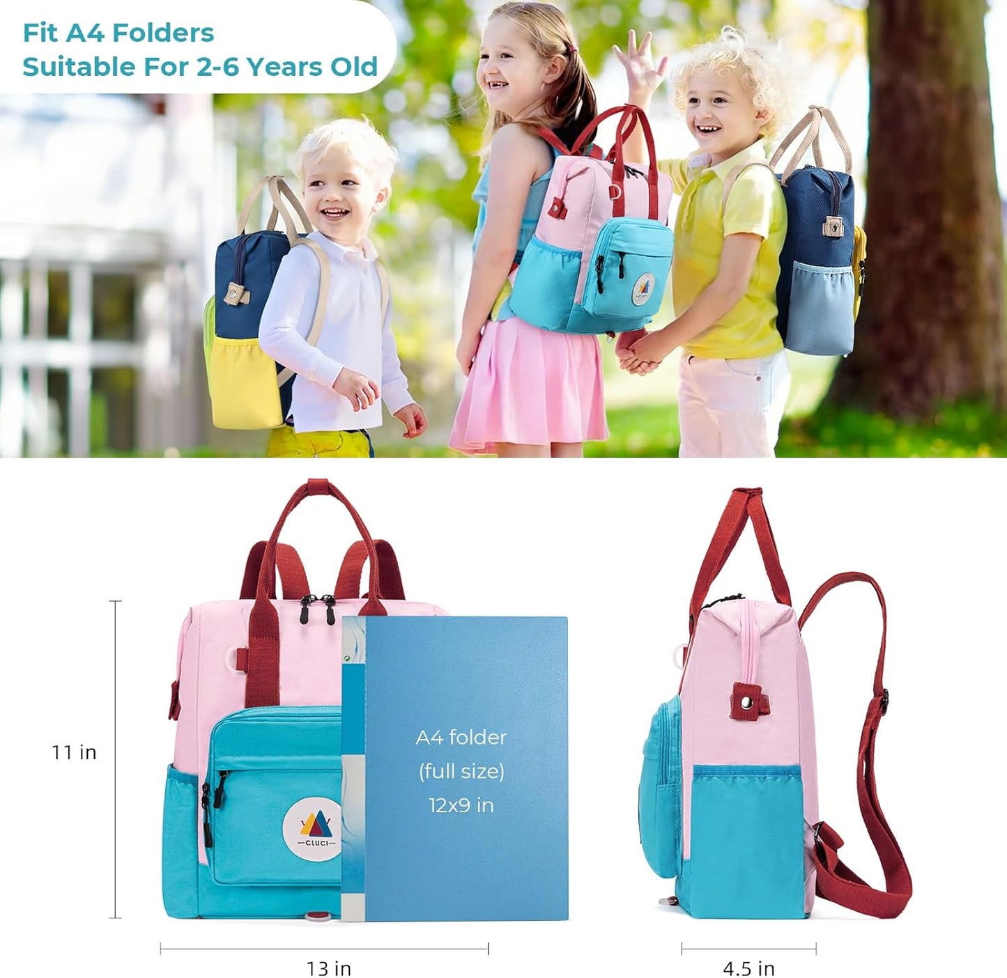 CLUCI Toddler Backpack, Multi Color, Unisex, 11 x 4.5 x 13 Inch, 1 Liter, Preschool Kindergarten