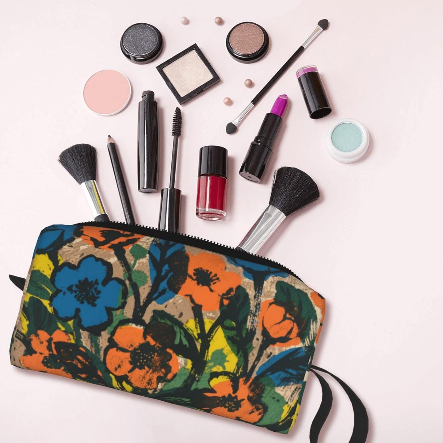 Bold Hues Floral Art Makeup Bag Small Compact & Durable Travel Cosmetic Bag Organizer Oxford Fabric Impact-Resistant Multi-Purpose Storage Perfect for Travel, Gym, Daily Use