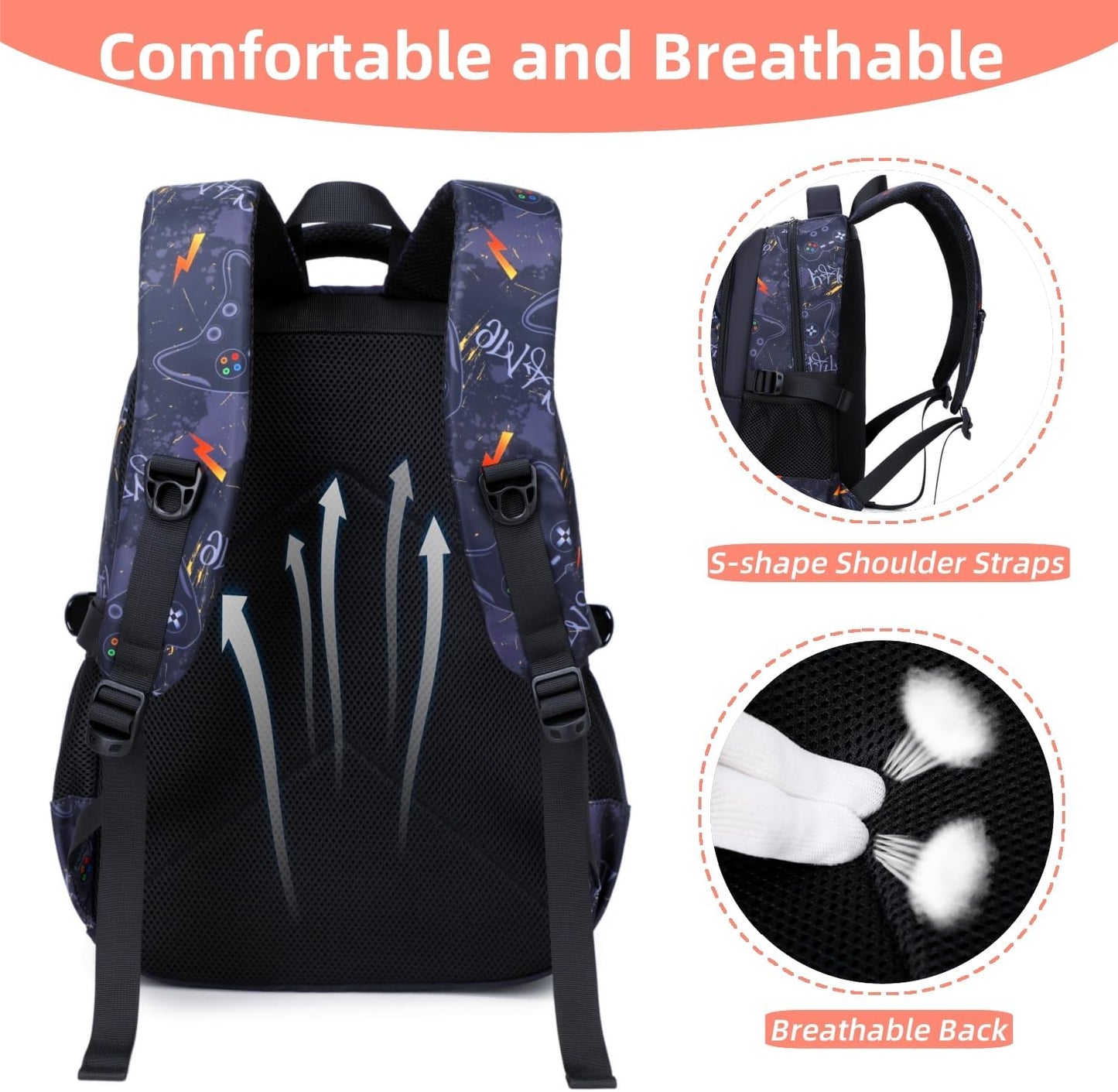 Boys Backpack Elementary School Bookbag Waterproof Durable Sturdy Kids Schoolbag Casual Travel Daypack(1-Black-game)