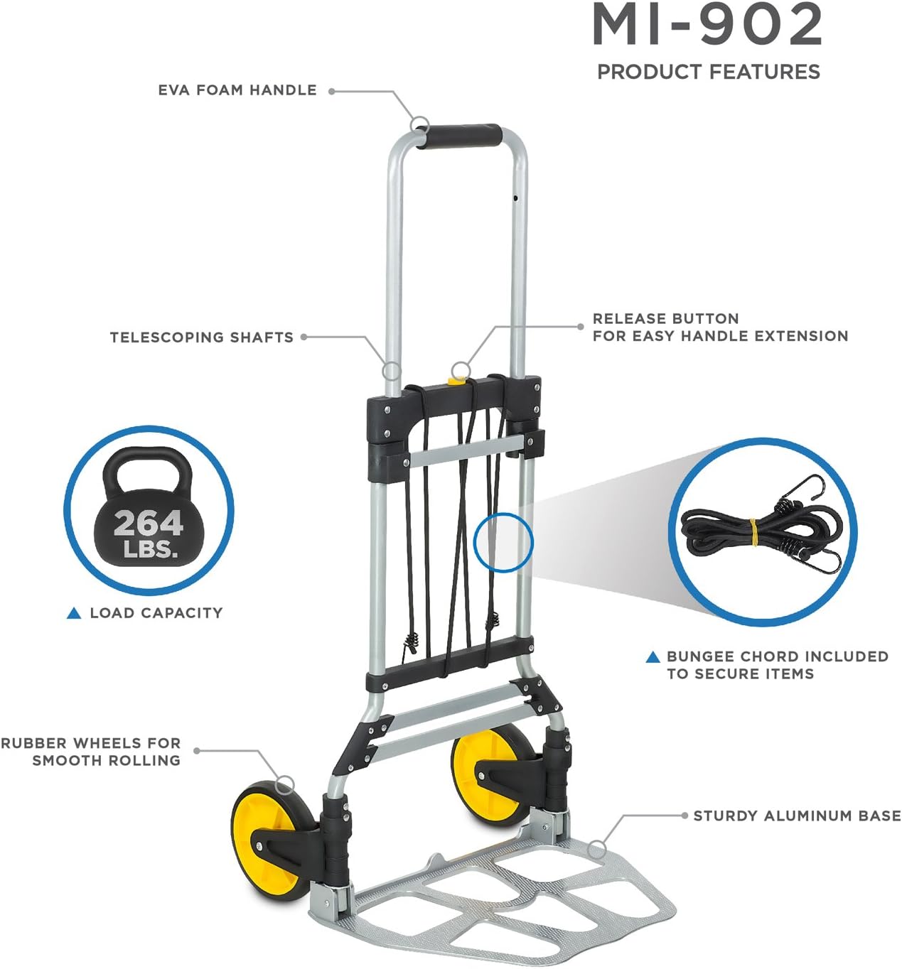 Mount-It! Folding Hand Truck and Personal Dolly, Aluminum Trolley, Heavy Duty 264 Lb Capacity Cart, Dolly Cart with Wheels of Durable Rubber, Soft Grip Telescoping Handle for Indoor Outdoor, Foldable
