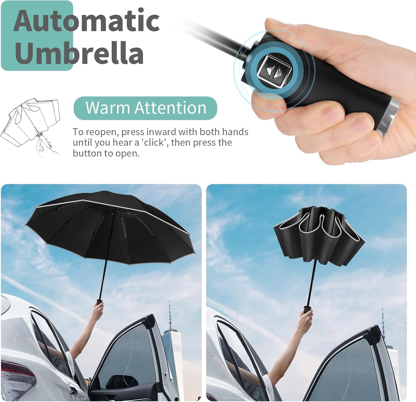 Yoobure Inverted Windproof Travel Umbrella - Automatic Umbrellas for Rain, Compact Folding with Reflective Stripe, Portable Large for Backpack, Lightweight with Sun UV Protection