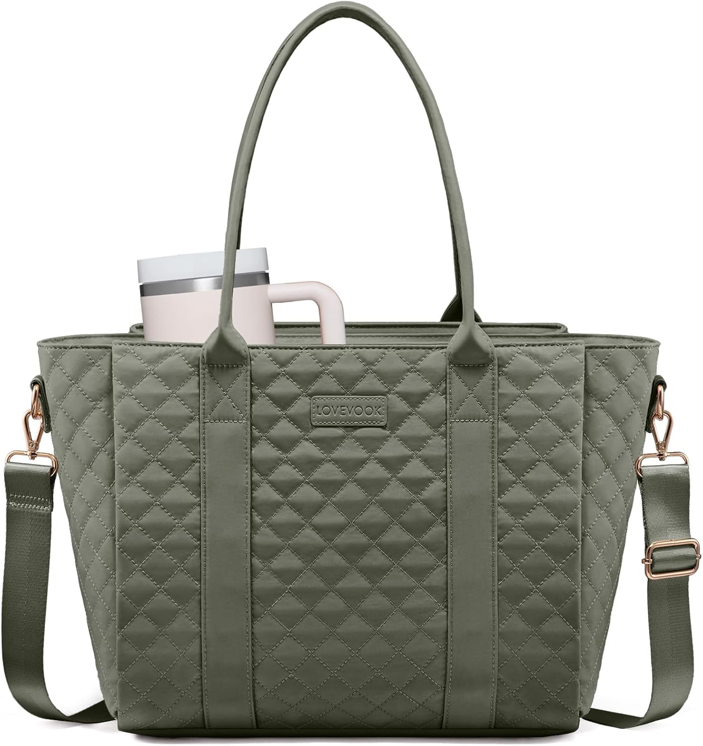 LOVEVOOK Laptop Bag for Women，Work Bag Teacher Tote Bag With Large Cup Holder, Quilted Crossbody bag with Zipper for Travel