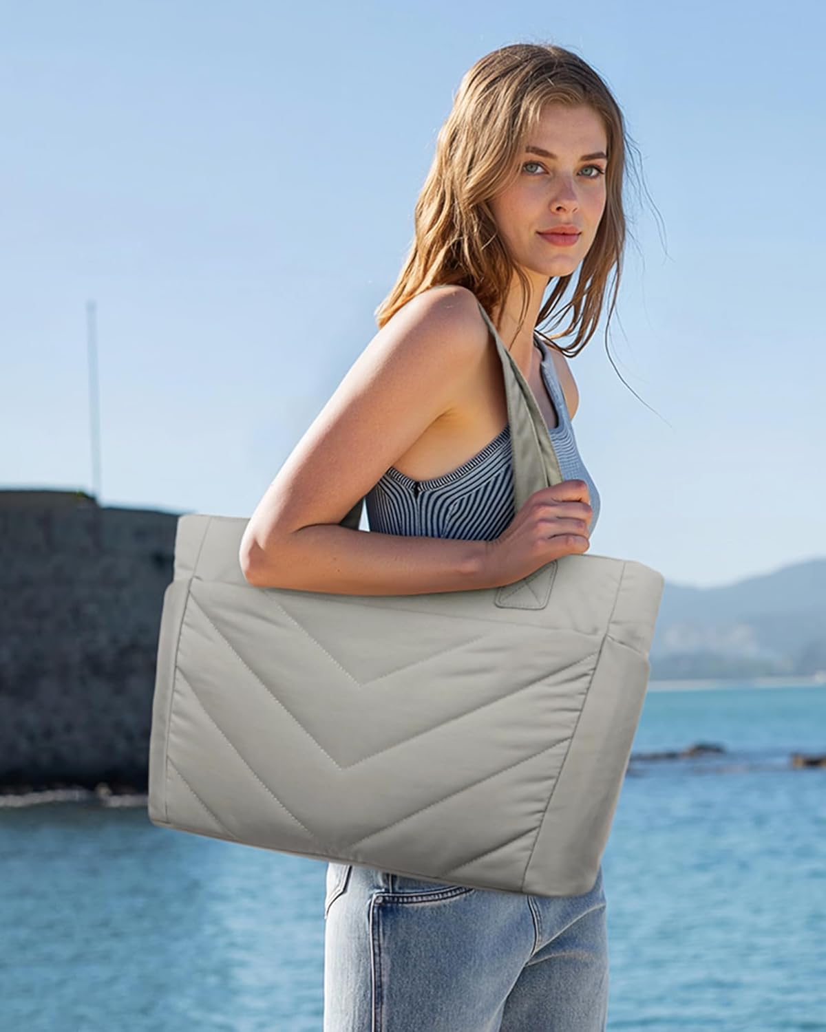 LOVEVOOK Tote Bag for Women, Puffer Work Travel Handbag with Zipper for Teacher Nurse, Quilted Cute Laptop Shoulder Gym Bag