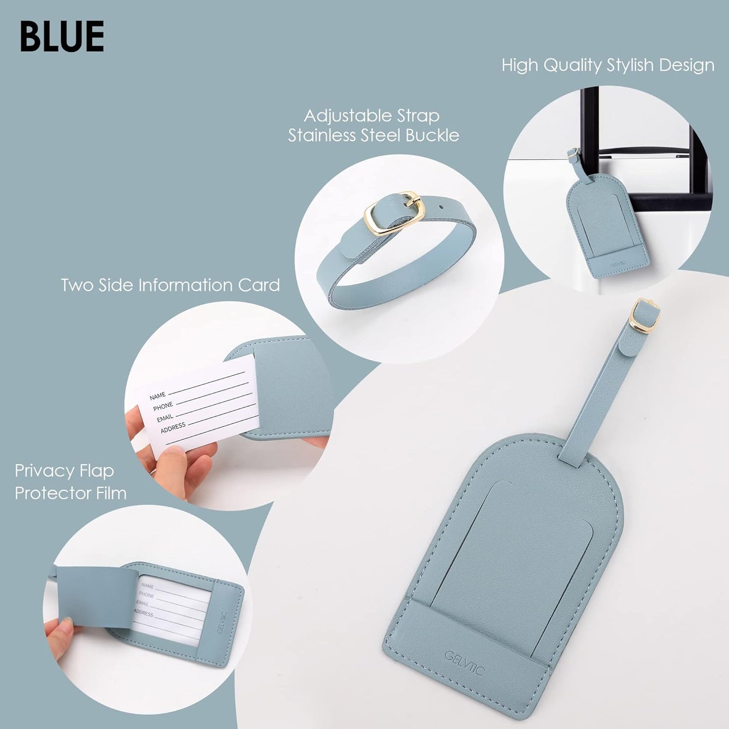 Faux Leather Luggage Tags for Suitcase Tag Set Privacy Protection with Identifie Name Lable ID Card Baggage tag for Men Women Travel Accessories, 2/4 Pack (LT06-Blue*4)