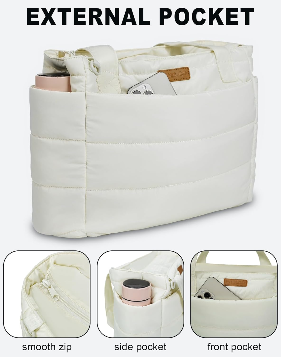Tote Bag for Women, Quilted Puffer Work Bag for Nurse with 16" Laptop Pocket, Puffy Travel Shoulder Bag for School Gym