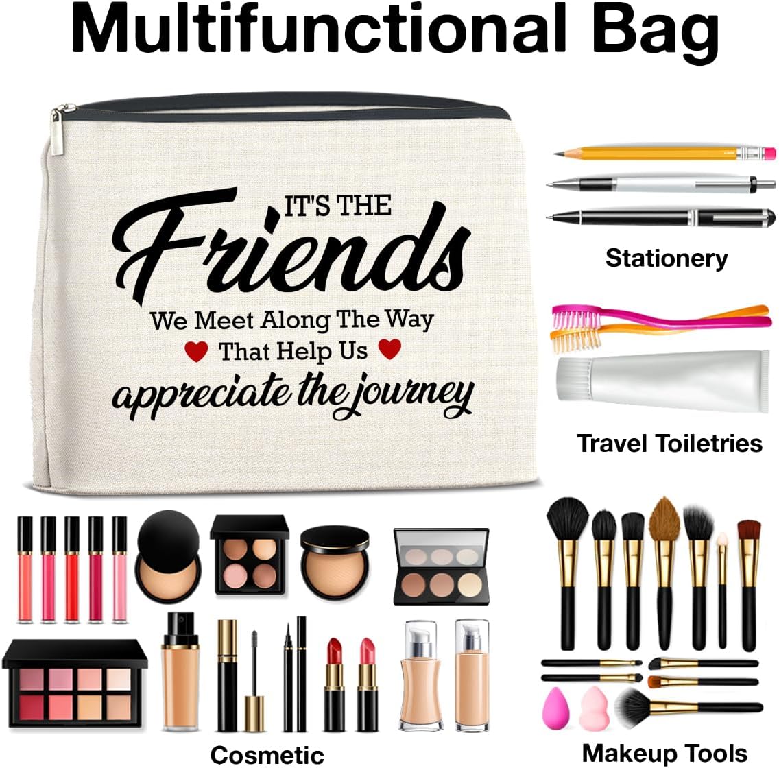 Makeup Bag - Appreciation Gift for Friends, Bestie, Soul Sister - 'It's the Friends We Meet Along the Way' Zipper Pouch