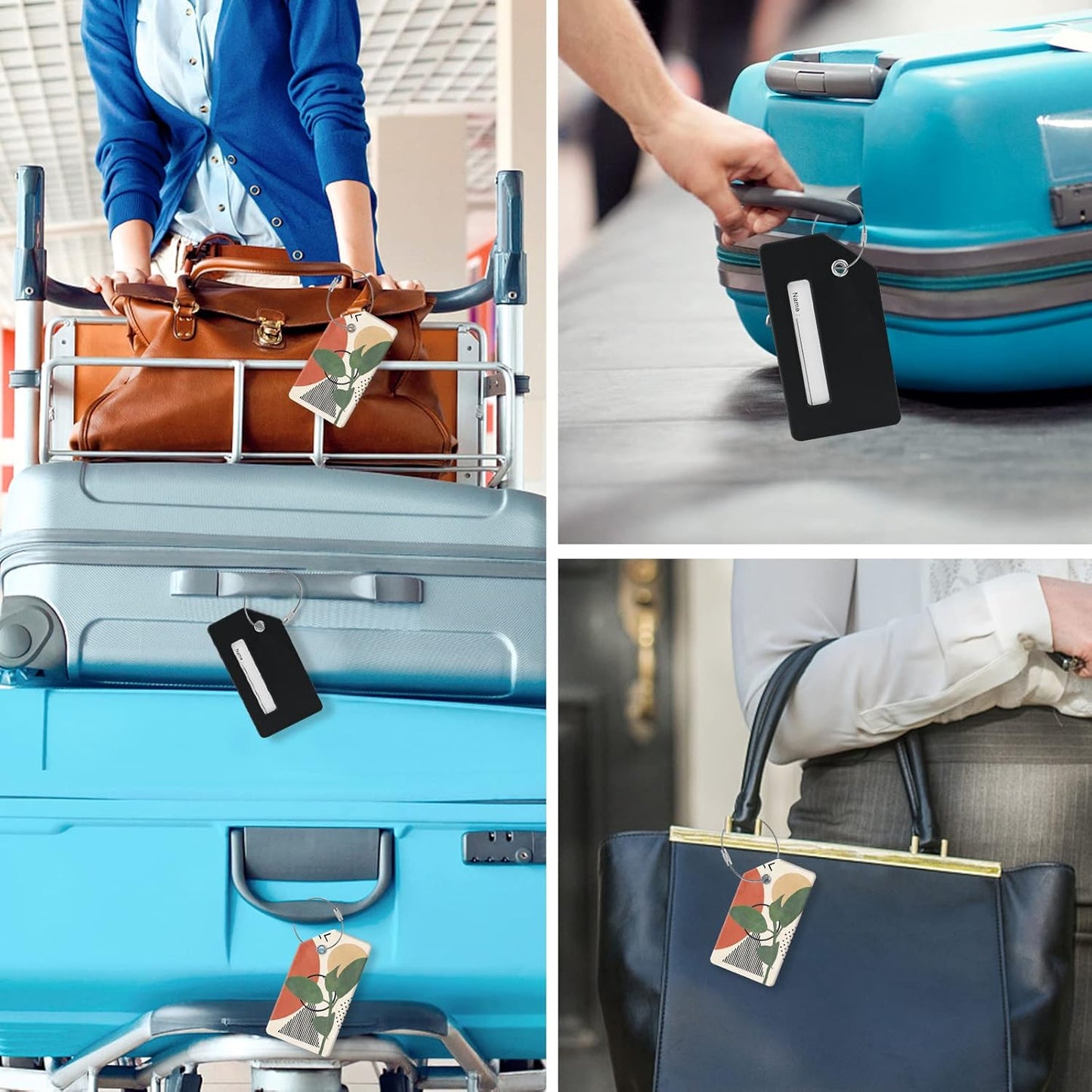 4 Luggage Tags, (1" Smaller Than Traditional) Perfect for Quick Luggage Identification with Stainless Steel Ring and Address Card for Travel and Luggage (Black Flowers + Green Leaves)