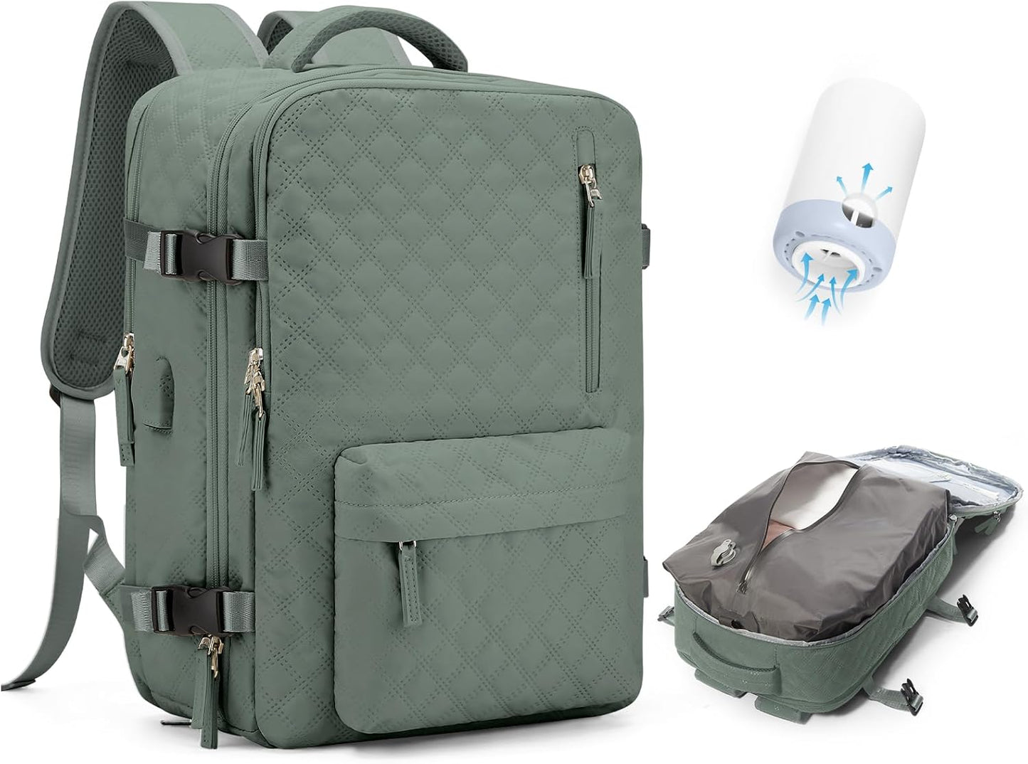 Travel Vacuum Storage Backpack with Air Pump Vacuum Seal Compression Space Saver Bags Clothing Vacpack 18x14x8 inches Travel Bag Carry on Personal item Laptop Work Backpacks Women DarkGreen