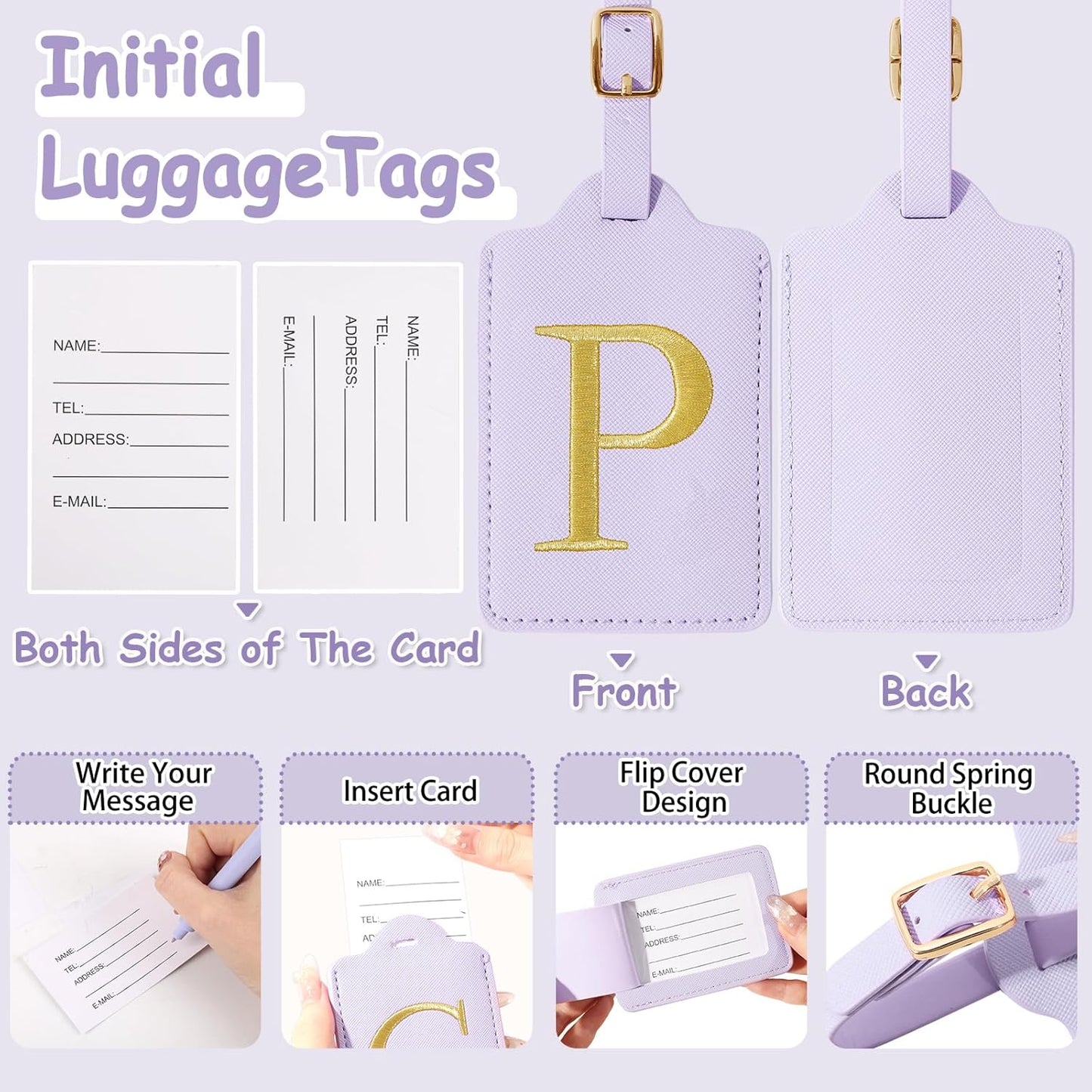 Initial Letter Luggage Tags for Suitcases, Personalized Embroidered Letter Luggage Bag Suitcase Identifier Name Tag, Cute PU Leather Travel Luggage Tags, Bag Tags for Luggage Handbags(Purple P)