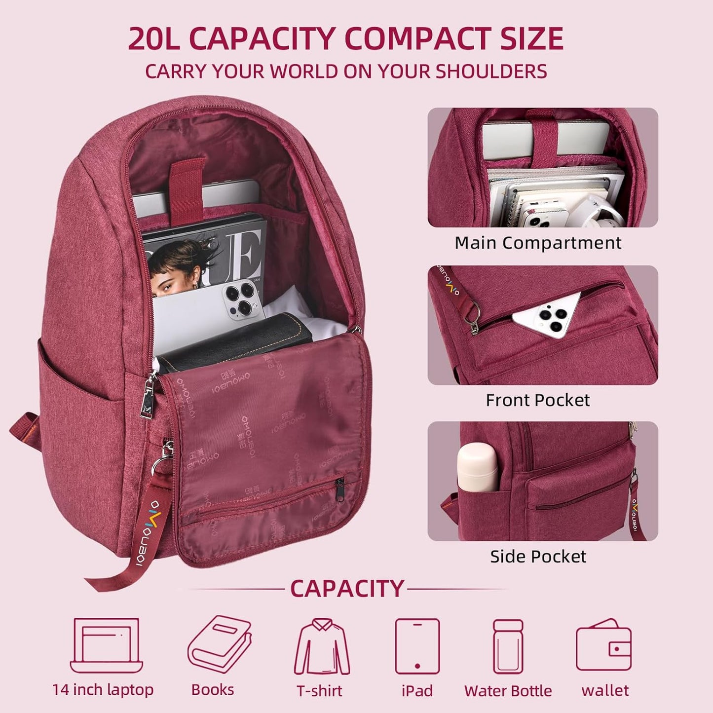 OMOUBOI 14 inch Travel Laptop Backpack for Women Men Teen 20L Weekender Casual Daypacks Airline