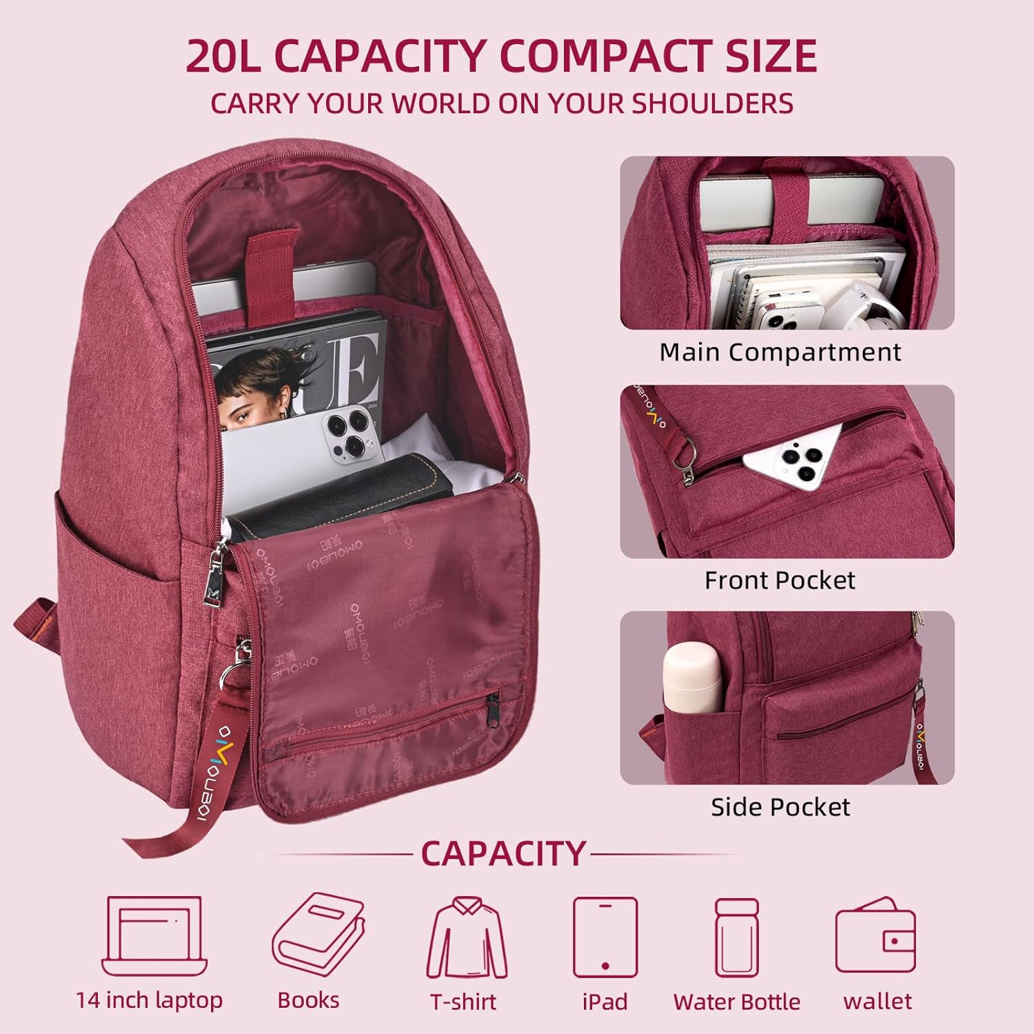 OMOUBOI 14 inch Travel Laptop Backpack for Women Men Teen 20L Weekender Casual Daypacks Airline