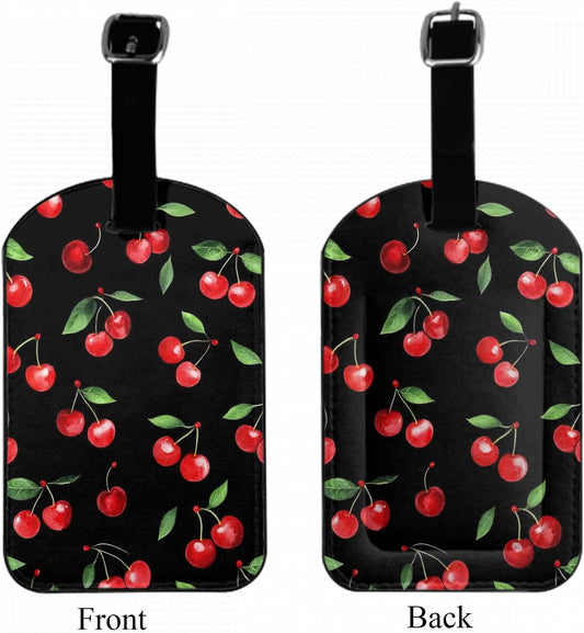 Red Cherry Leather Luggage Tags Watercolor Berry Branches Sweet Fresh Fruits Sweet Business Card Holder Travel ID Bag Tag for Travel Luggage Baggage Identifier, 1 Pack