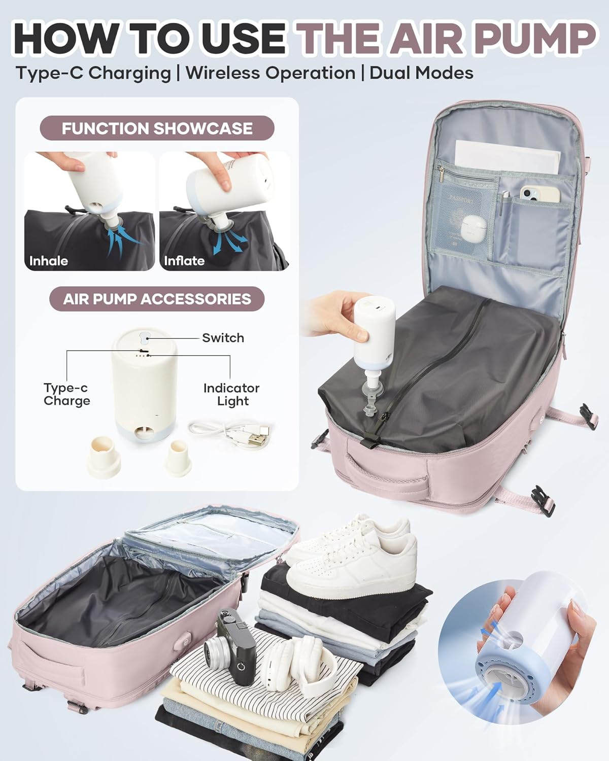 Vacuum Seal Travel Backpack with Air Pump,Compression Vacpack Waterproof Carry On Backpack for Travel Women Men with Vacuum System,Airlines Approved Daypack Laptop Space Saver Bags,PinkPurple