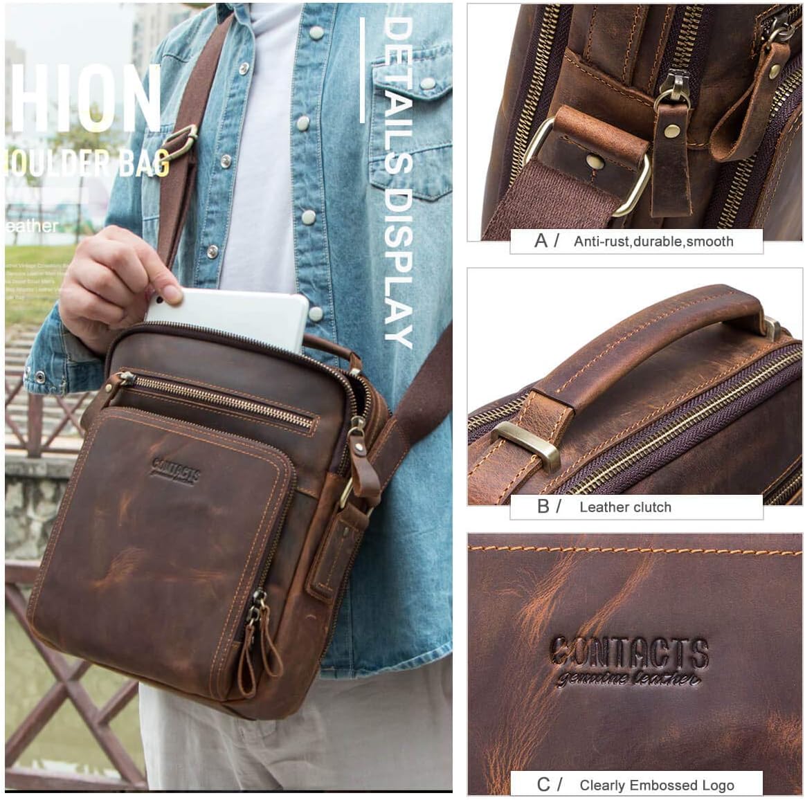 Hiram Men's Crazy Horse Cow Leather Messenger Bag, Crossbody Bag for Men, 25.5 cm x 21.5 cm x 10.0 cm, Coffee