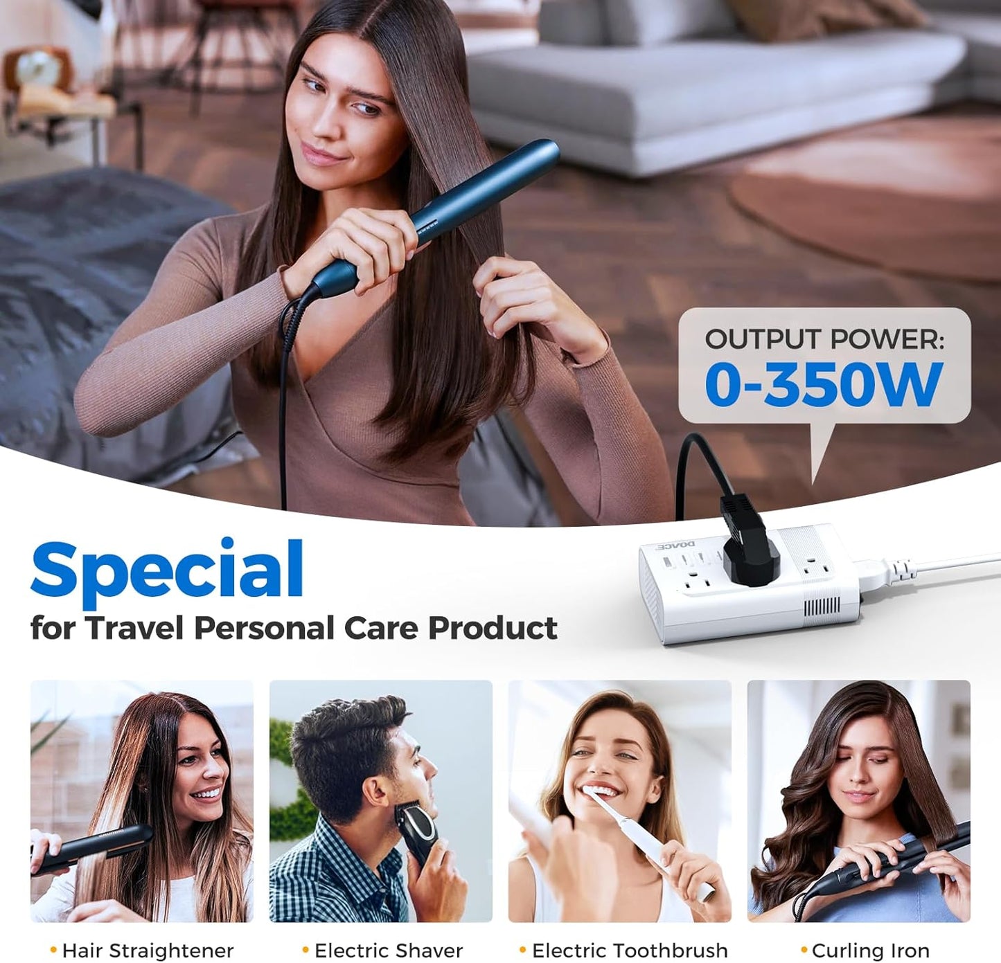 DOACE 220V to 110V Converter for European Travel - 350W Voltage Converter US to Europe with 4 QC+PD Chargers for Using U.S. Devices Abroad - Hair Straightener Shaver Toothbrush Laptop Camera Phone