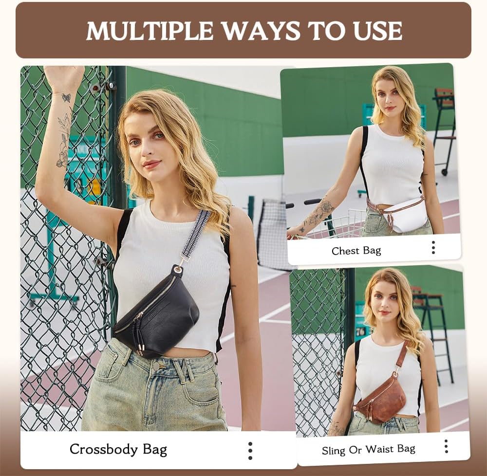 HKCLUF Fanny Pack Crossbody Bags for Women Pu Leather Belt Bag Waist Pack Causal Chest Bum Bag With 2 Straps
