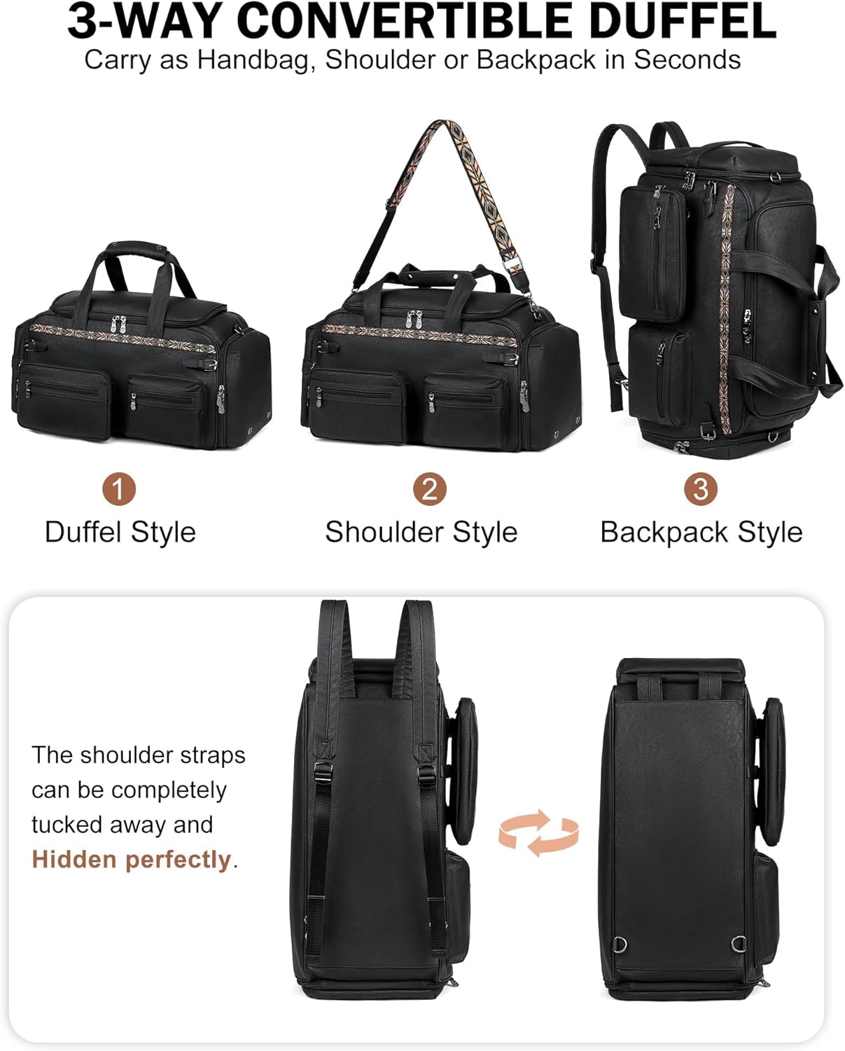 FADEON Duffle Bag for Women, Large Convertible Carry on Overnight Backpack, Designer Leather Mens Weekend Bags for Travel