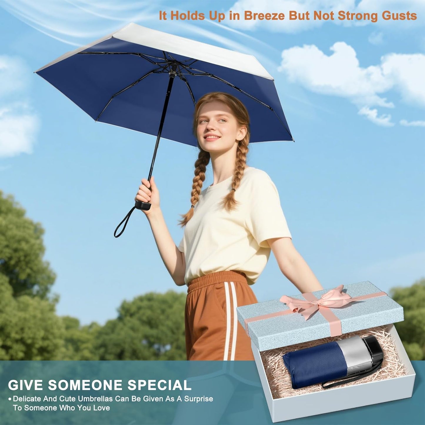 LEAGERA Mini Umbrella For Purse - UPF 50+ UV Blocker Sun Protection Umbrella, Small Micro Travel Parasol Design for Women