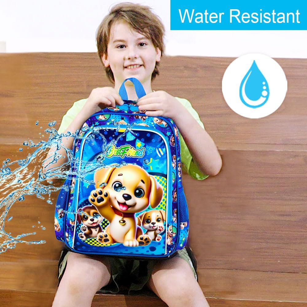 gxtvo 3PCS Kids Dog Backpack, 16" Boys Bookbag with Lunch Box, Water Resistant Elementary Preschool Toddler School Bag
