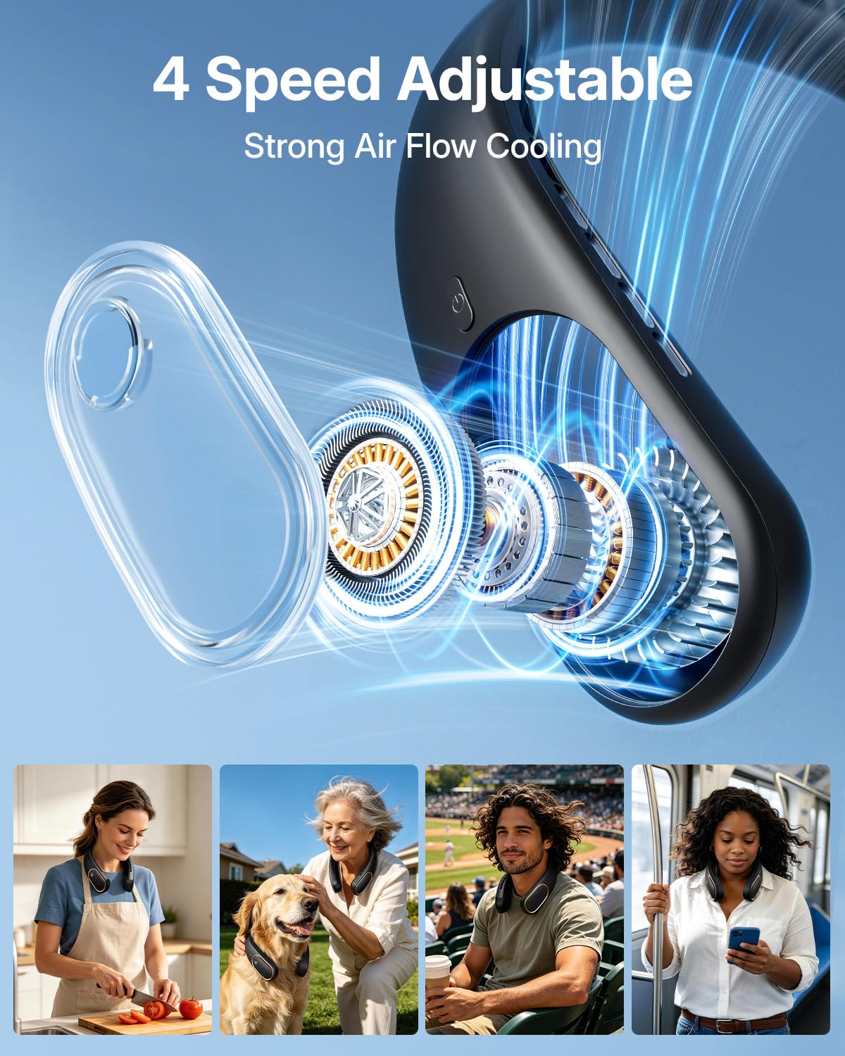 SHEWIND Portable Neck Fan - 5000mAh Rechargeable Hands-Free Wearable Fan | 4 Speeds, Bladeless &