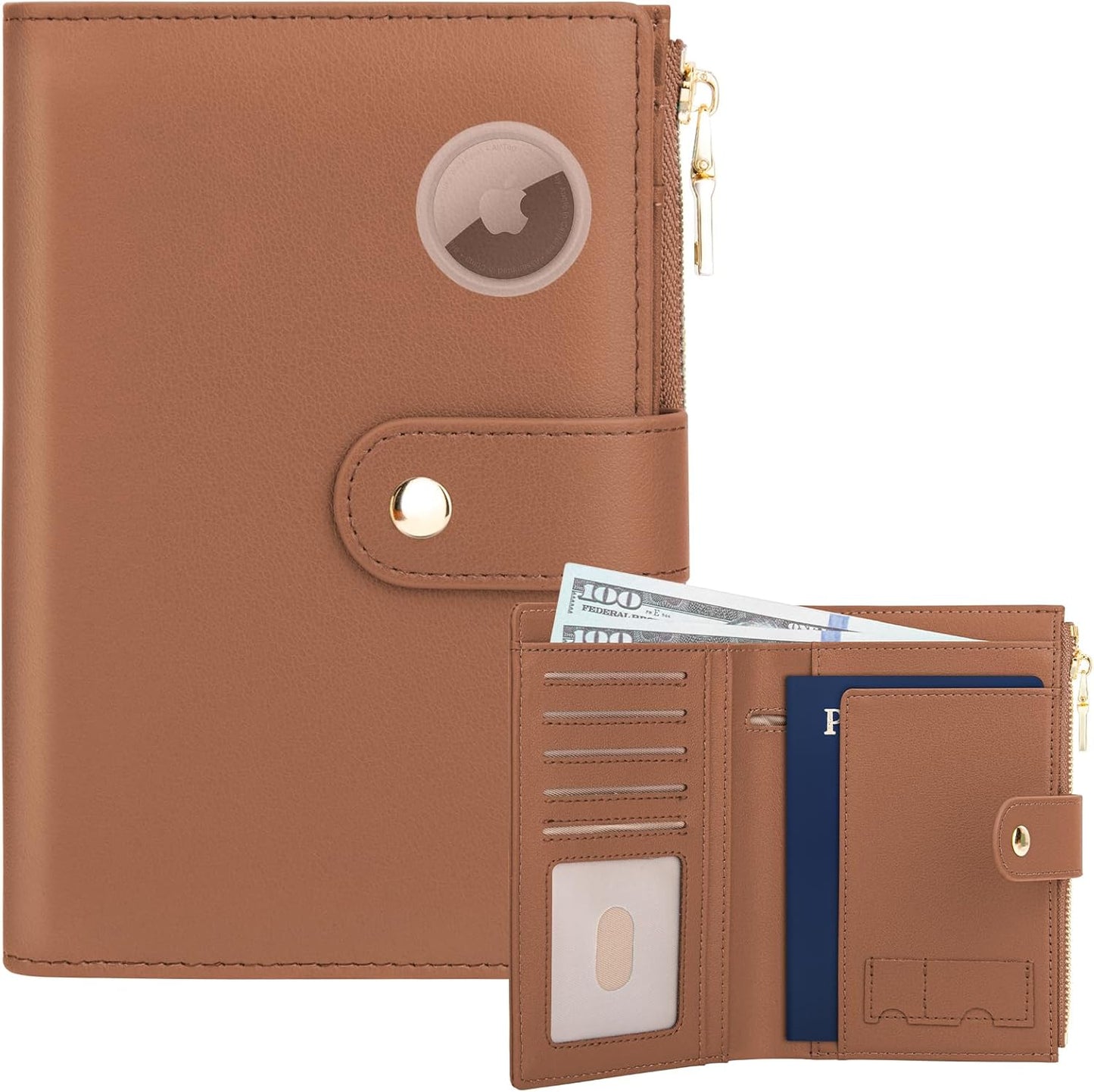 Passport Holder for Travel Women, RFID Blocking Passport Wallet with Airtag Slot, PU Leather Passport Cover Travel Wallet with Zippered Coins Pocket for Travel Essentials