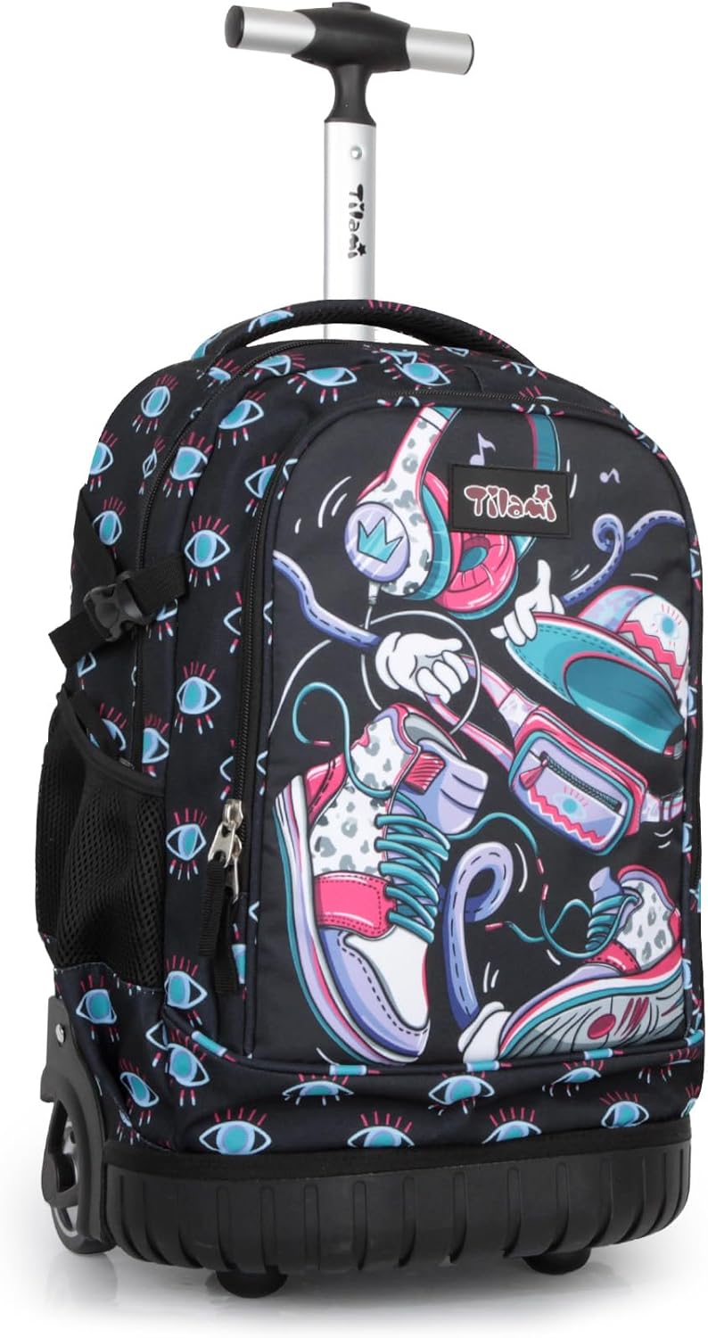 Tilami Rolling Backpack for Kids 18 Inch Wheeled Bookbag for Boys & Girls for School & Travel,Sports Black