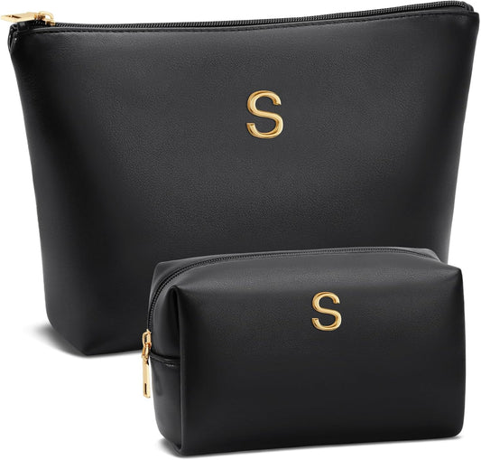Women Gifts | Initial Makeup Bag Set for Girl Personalized Gifts for Bridesmaid Friend Graduation Teachers PU Leather Cosmetic Travel Toiletry Bag(Black,S)
