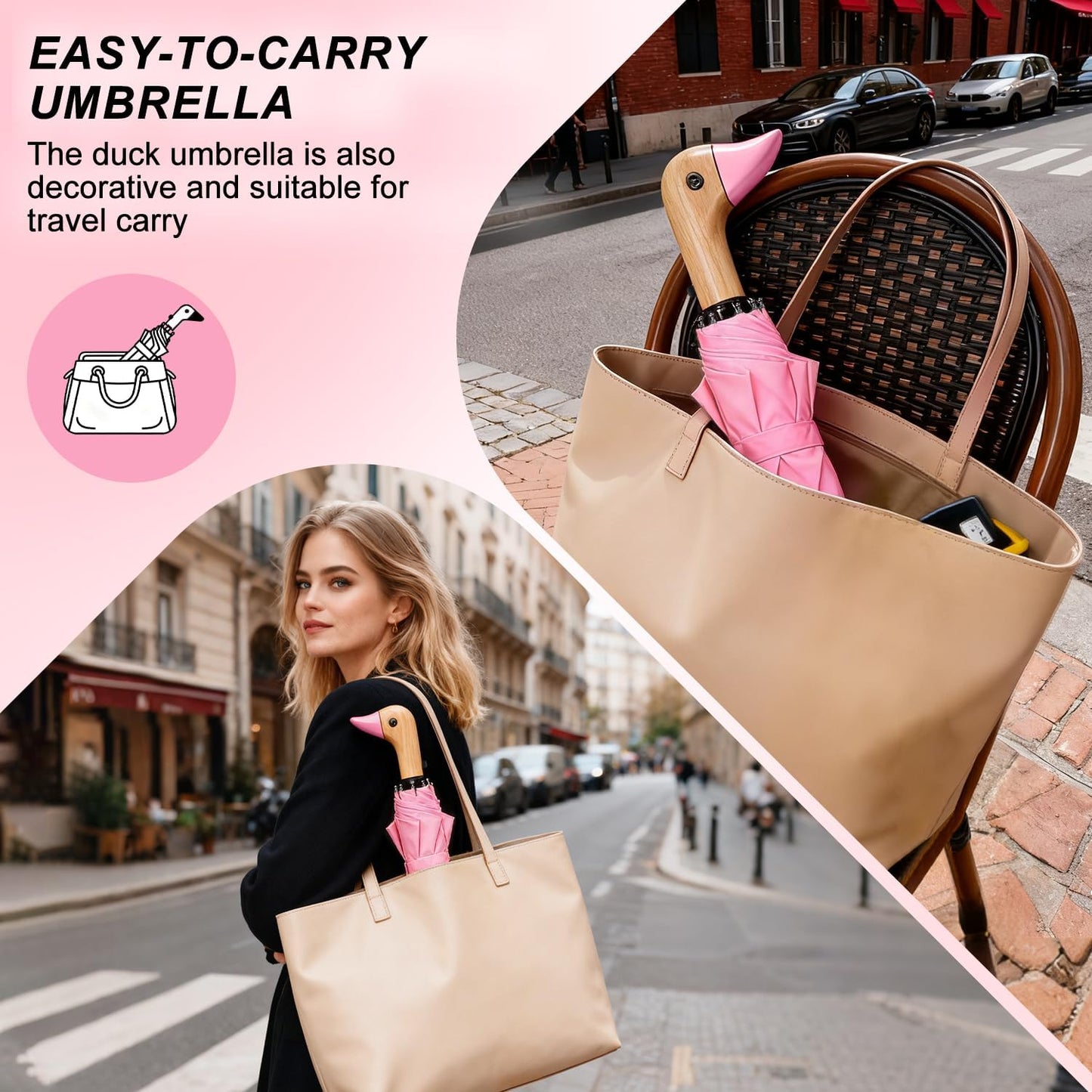 LEAGERA Cute Duck Head Umbrella - Auto Open & Manual Close Easy Folding Portable Lightweight Umbrella for Rain Wood Handle Duck Gifts