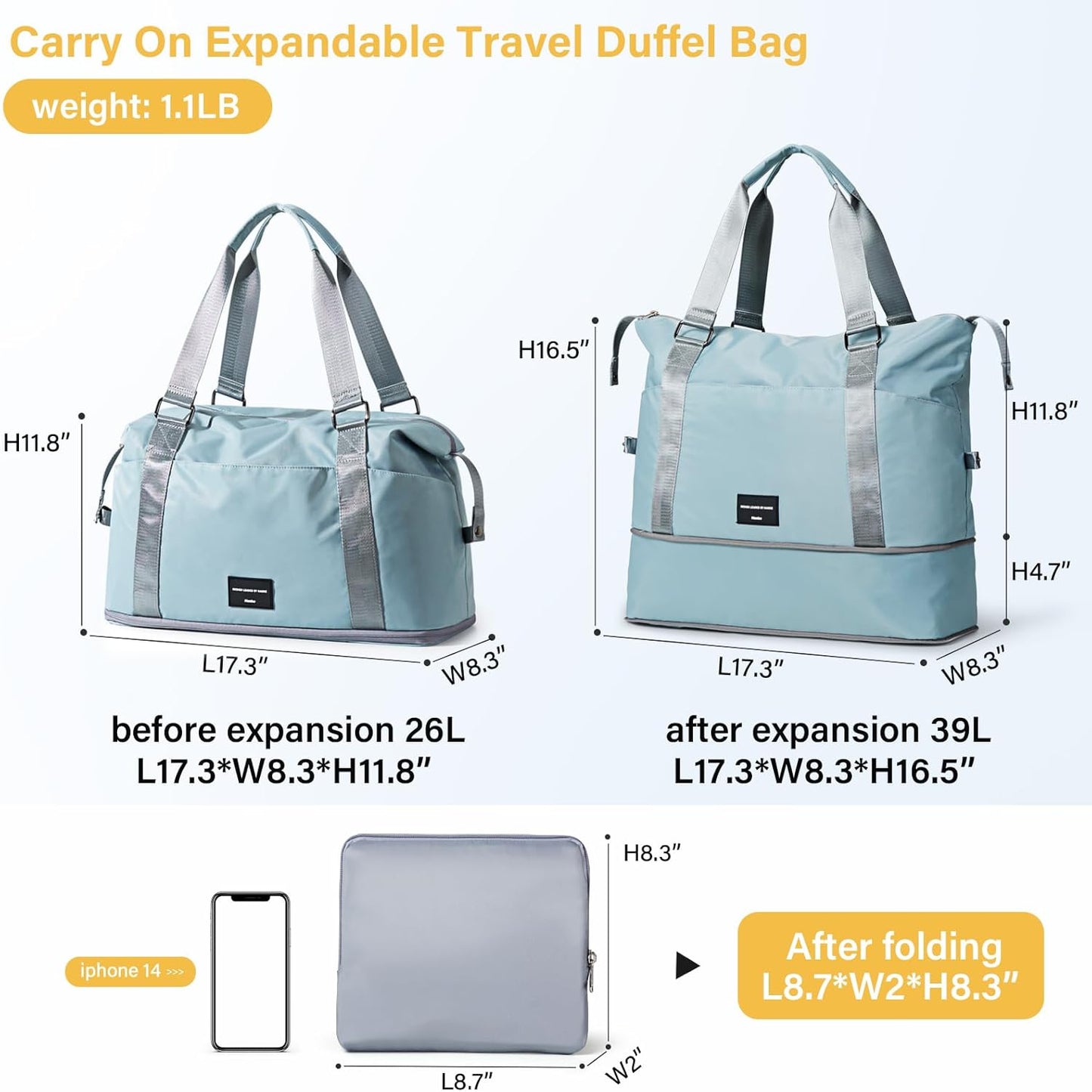 Hanke Expandable Travel Tote Bag 39L, Foldable Duffle Bag for Travel, Carry On Weekend Bags for Women With Multiple Pockets（Sky Blue）