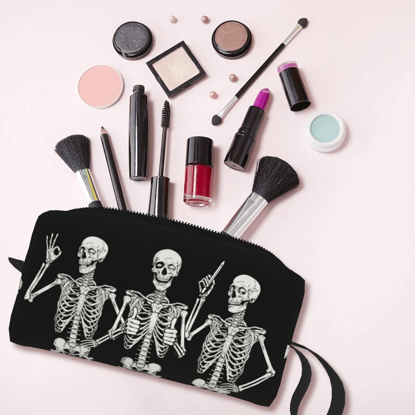Cartoon Skeletons Makeup Bag Organizer Compact & Durable Skull Travel Cosmetic Bag Oxford Fabric Impact-Resistant Multi-Purpose Storage Perfect for Travel, Gym, Daily Use
