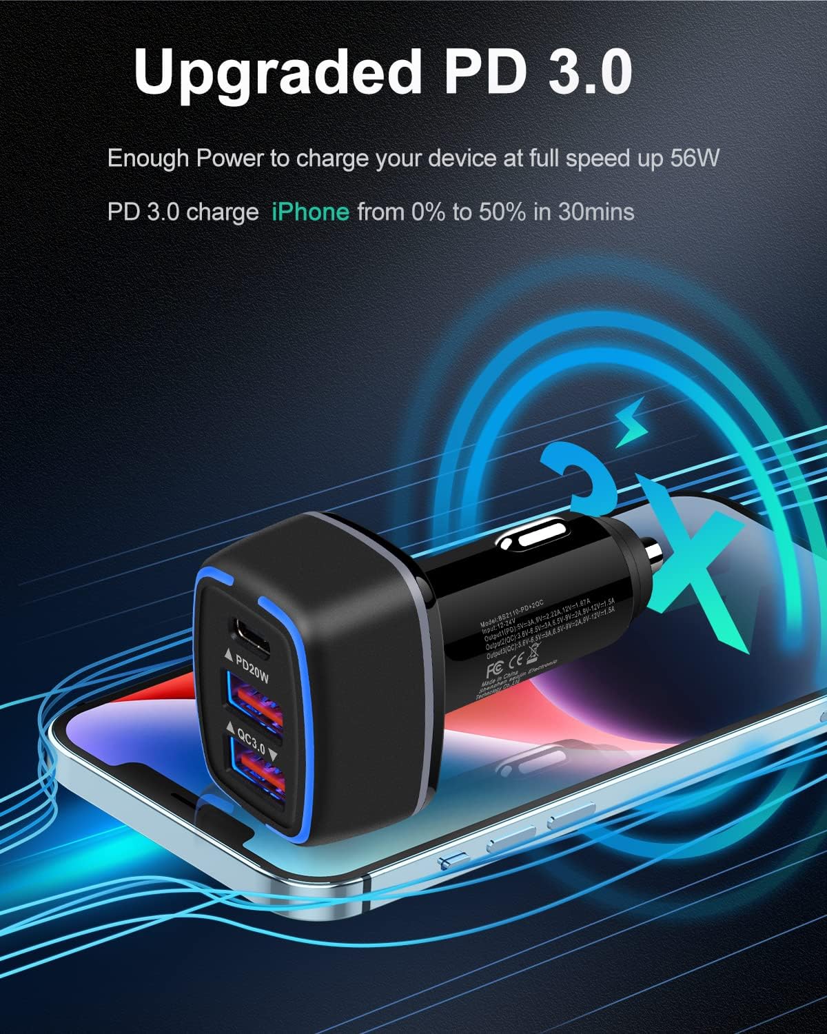 AILKIN 56W PD USB C Car Charger, Type-C Super Fast Power Charging Block 3-Port USB A & USBC Auto Cargador Carro Lighter Adapter for iPhone, iPad, Samsung Galaxy, LG, Google Pixel, Moto, USB-C&A Port