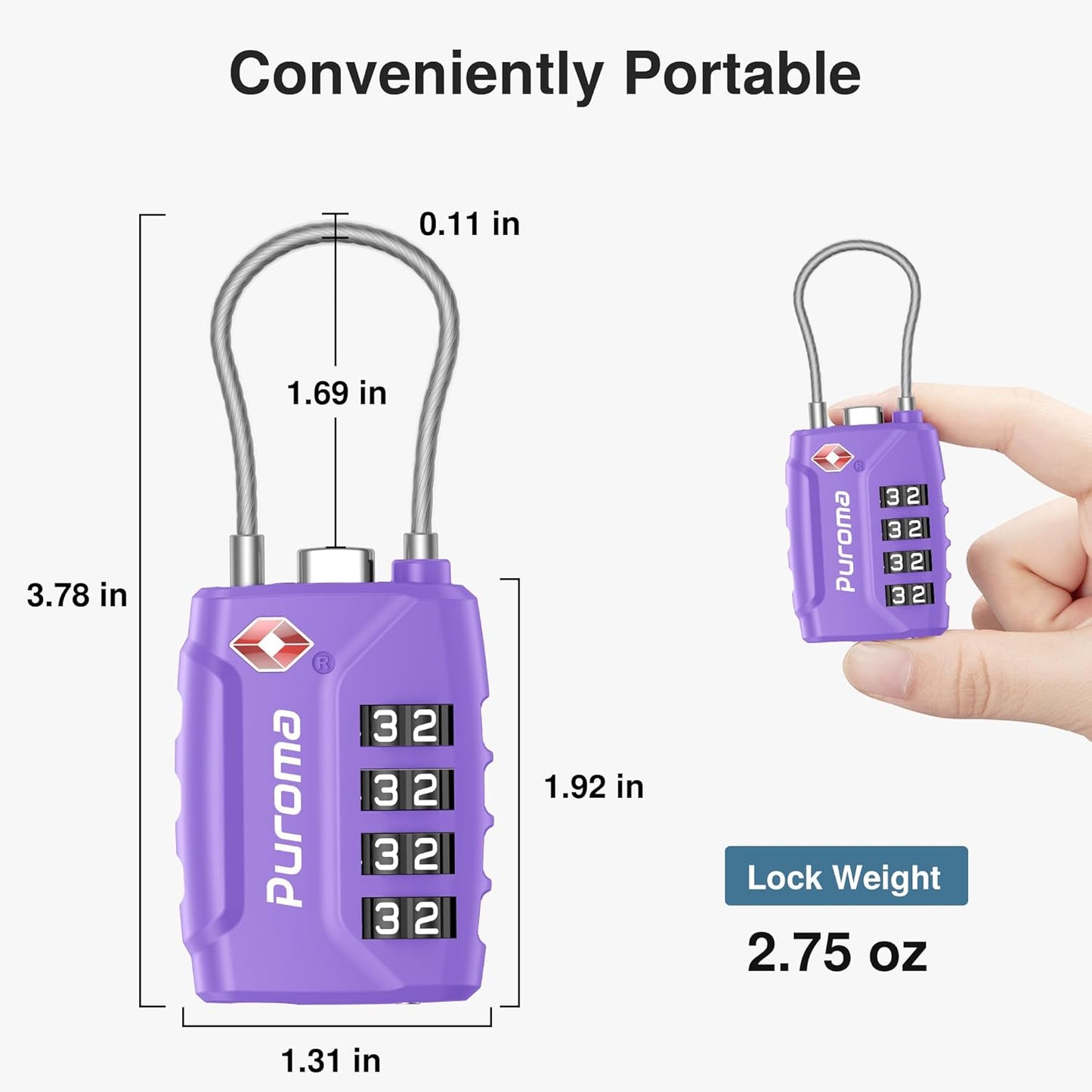 Puroma 2 Pack TSA Approved Luggage Locks, 4 Digit Combination Travel Locks Resettable Code Lock with Zinc Alloy Body for Suitcase, Toolbox, Backpack, Bag, Gym Locker (Medium Purple)