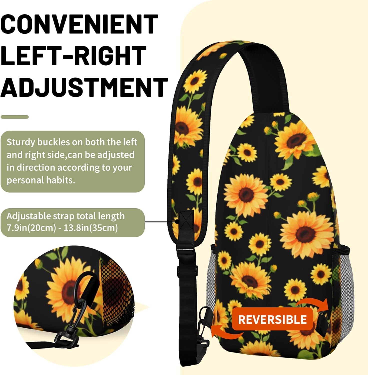 Black Yellow Sunflower Sling Bag Crossbody Chest Bag for Women Men, Water Resistant Lightweight