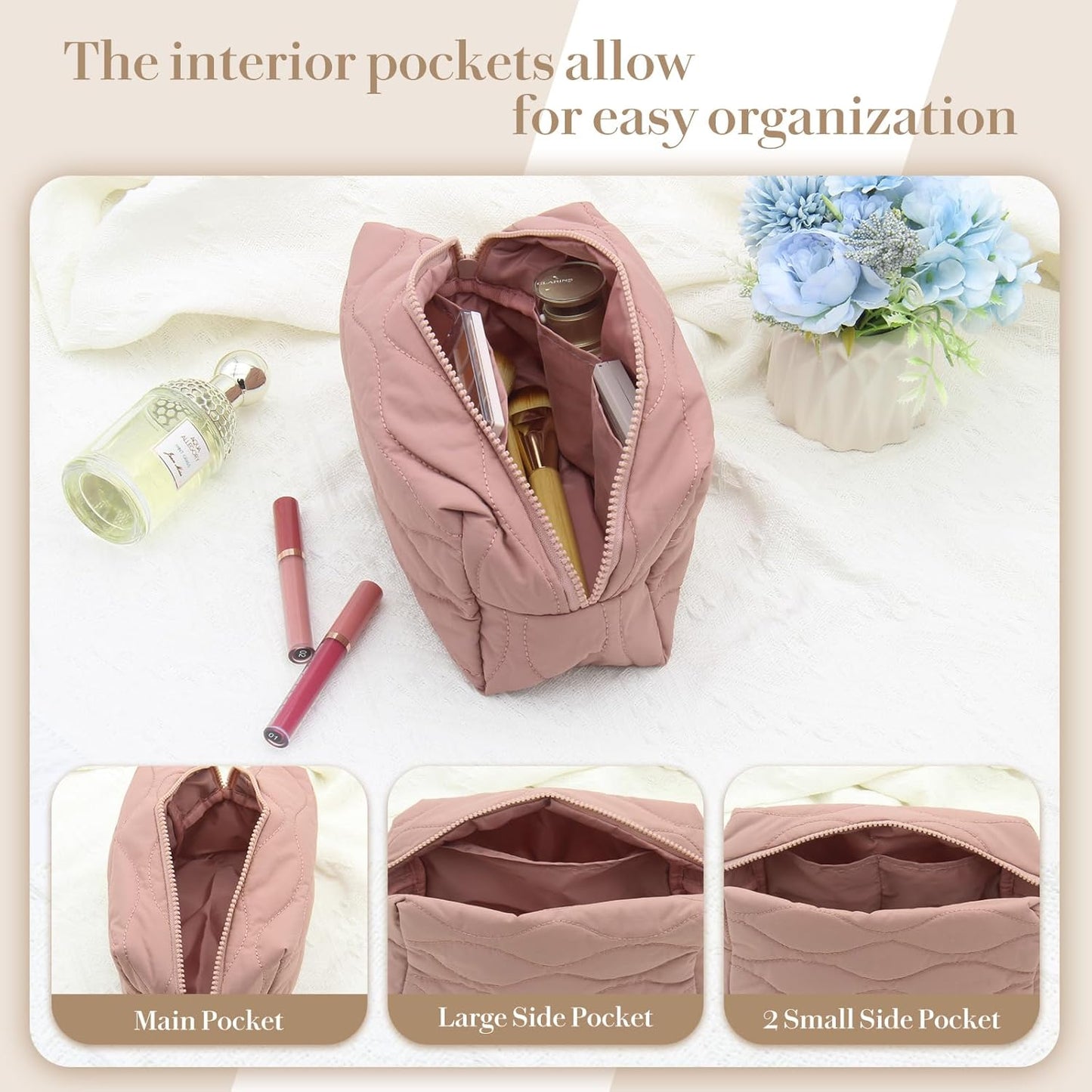 Make up Bag Travel Cosmetic Bag for Women Girls Zipper Puffy Padded Makeup Organizer Waterproof Portable Pouch Purse Lightweight Toiletry Accessories Storage Dark Pink