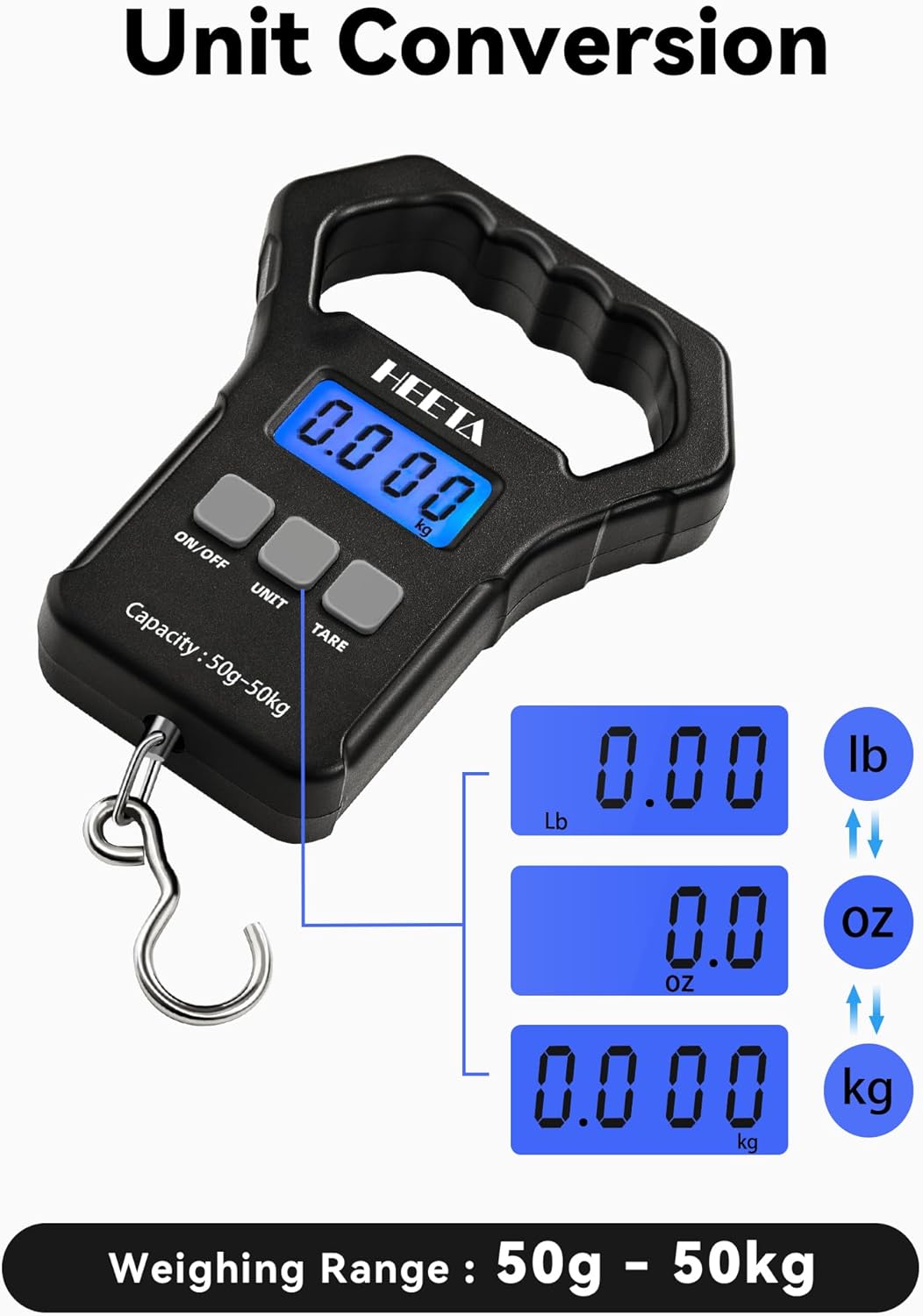 HEETA Fish Scale, 110lb/50kg Digital Portable Hanging Fishing Weight Scale with Backlit LCD Display, Luggage Scale with Hook, Non-Slip Large ABS Handle & 2 AAA Batteries, Fishing Gifts Gear for Men