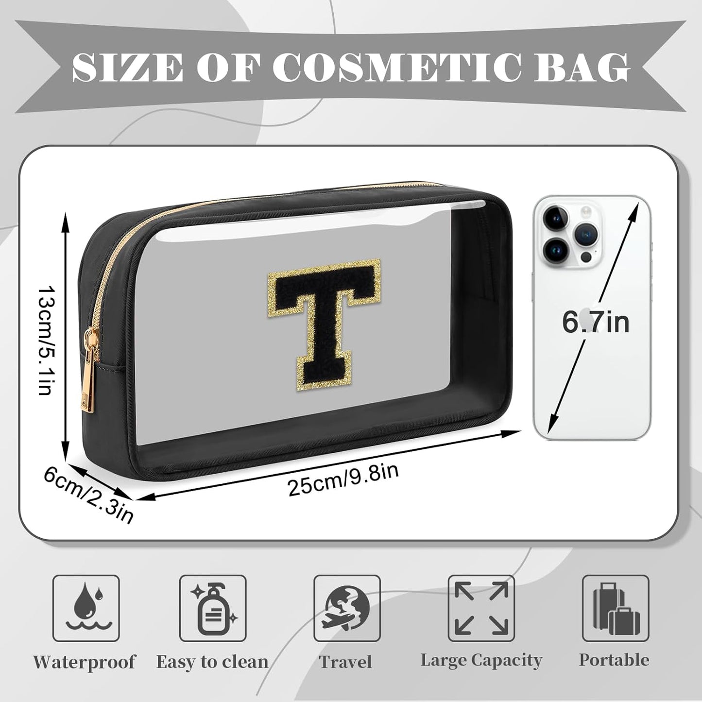 Personalized Initial Letter Clear Makeup Bag,Preppy Small Nylon&PVC Cosmetic Zipper Bag with Chenille Letter,Travel Skincare Toiletry Bag,Monogram Christmas Gift for Teen Girls Women,T