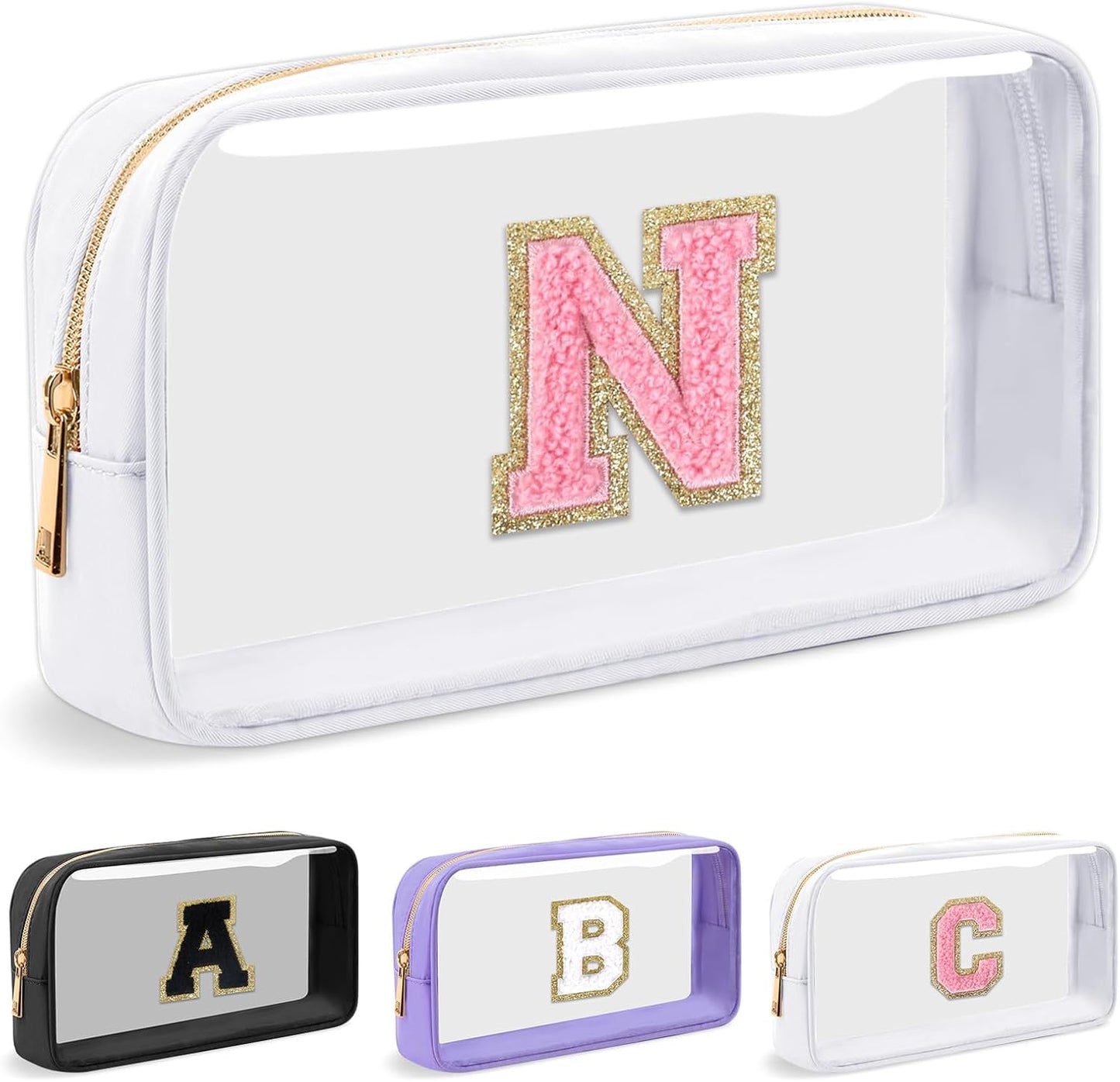 Personalized Initial Letter Clear Makeup Bag,Preppy Small Nylon&PVC Cosmetic Zipper Bag with Chenille Letter,Travel Skincare Toiletry Bag,Monogram Christmas Gift for Teen Girls Women,N