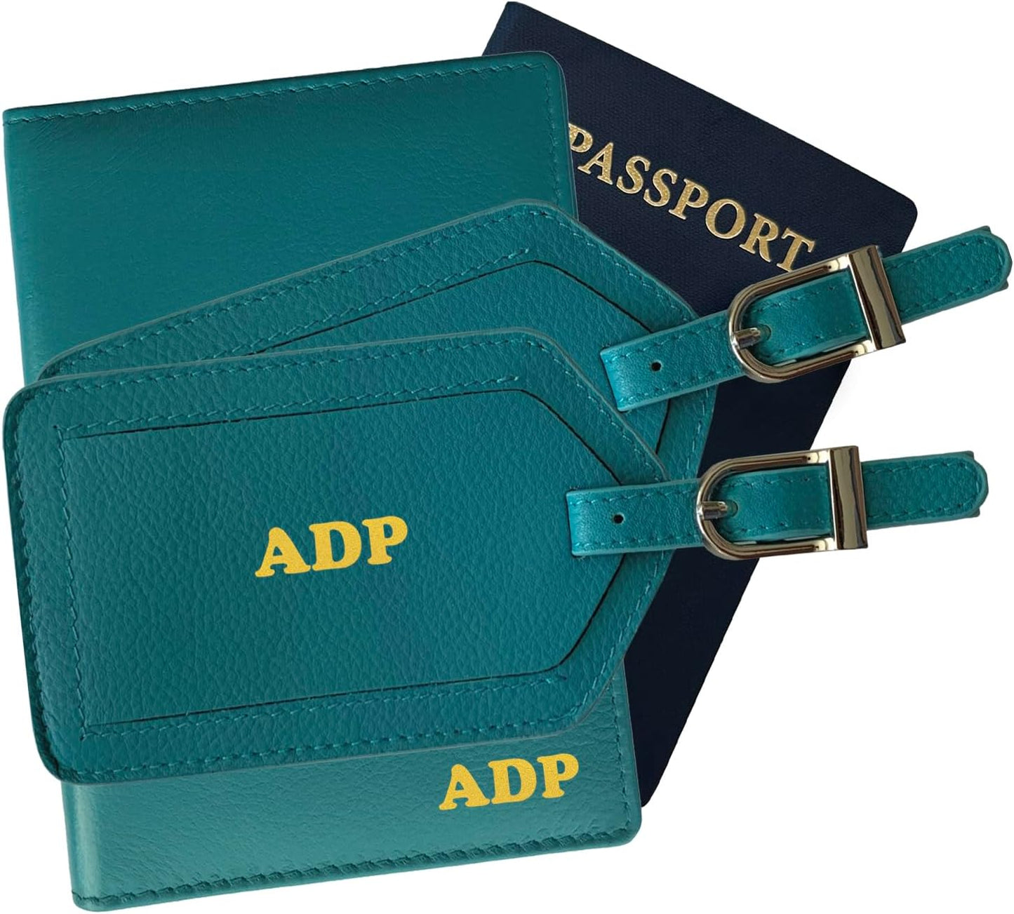 Personalized Monogrammed Teal Leather RFID Passport Wallet and 2 Luggage Tags