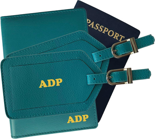 Personalized Monogrammed Teal Leather RFID Passport Wallet and 2 Luggage Tags