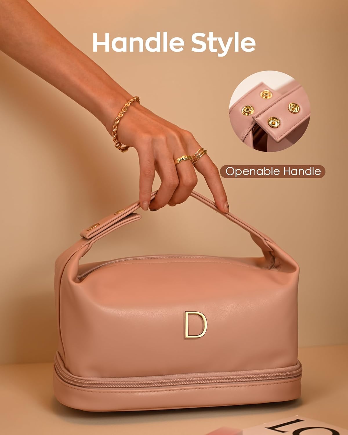 Gifts for Female, Personalized Makeup Bags with Handle, Waterproof Double Layer Cosmetic Bag, Large Capacity PU Leather Makeup Bags Letter Toiletry Bag with Makeup Brush Organizer