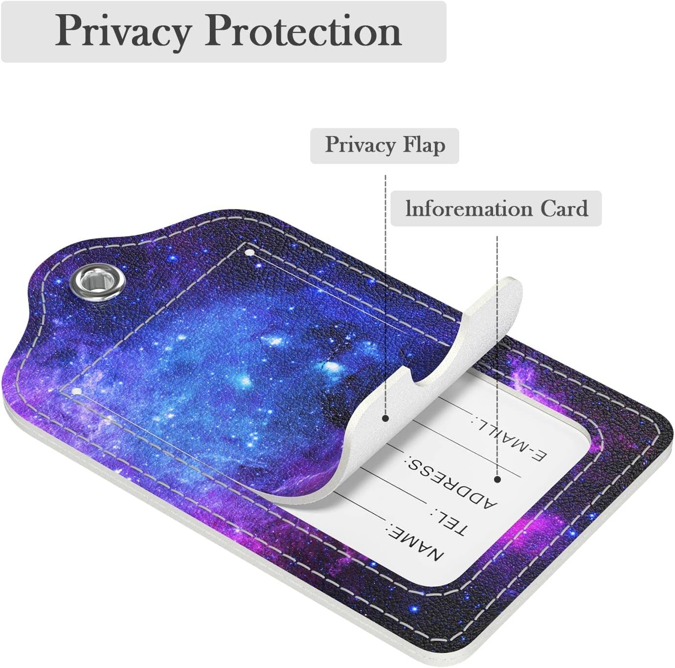 Luggage Tags for Suitcase, 2 Pack PU Leather Travel Cruise Luggage Tag with Privacy Flap, Name ID Label and Metal Loop for Women Men Suitcase Baggage Bag Backpack Instrument, Mysterious Galaxy
