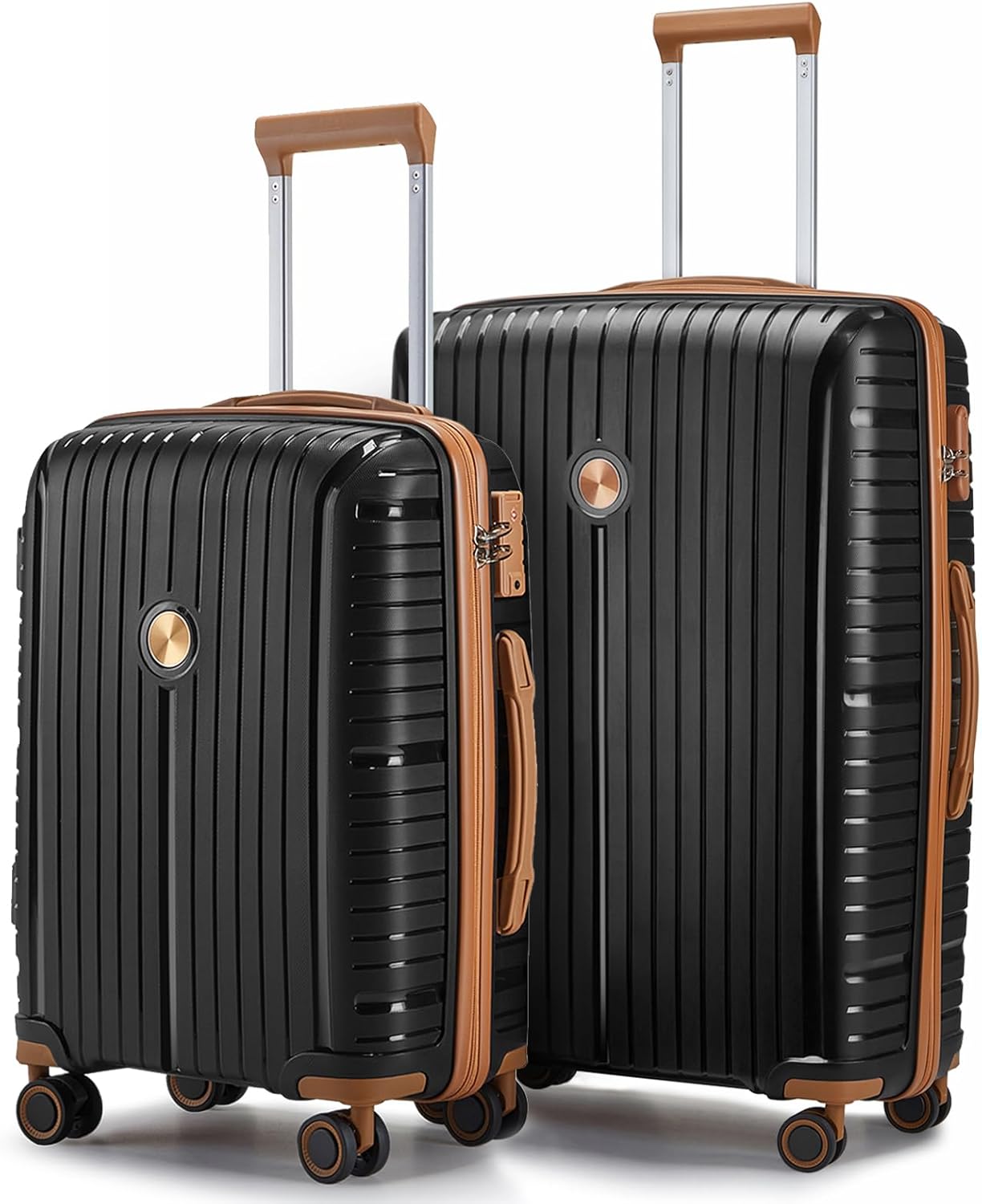Joyway Luggage Sets 2 Piece PP Hardshell Carry on Suitcase and Checked Luggage, Travel Lightweight Suitcase Set with Double Spinner Wheels and TSA Lock (Black Brown, 20+28 inch)