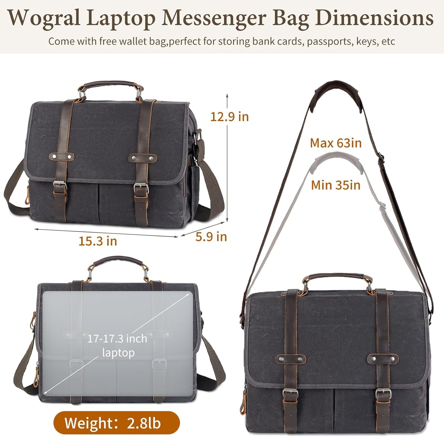 Wogarl 15.6" Messenger Bag for Men: Leather Waxed Canvas Briefcase Large Computer Laptop Bag Handbags Crossbody Bags for Work