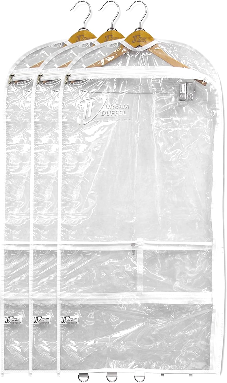 Clear Garment Bags for Dance Costumes 3-Pack, Regular-Size, Side Zipper Entry, Storage Pockets for
